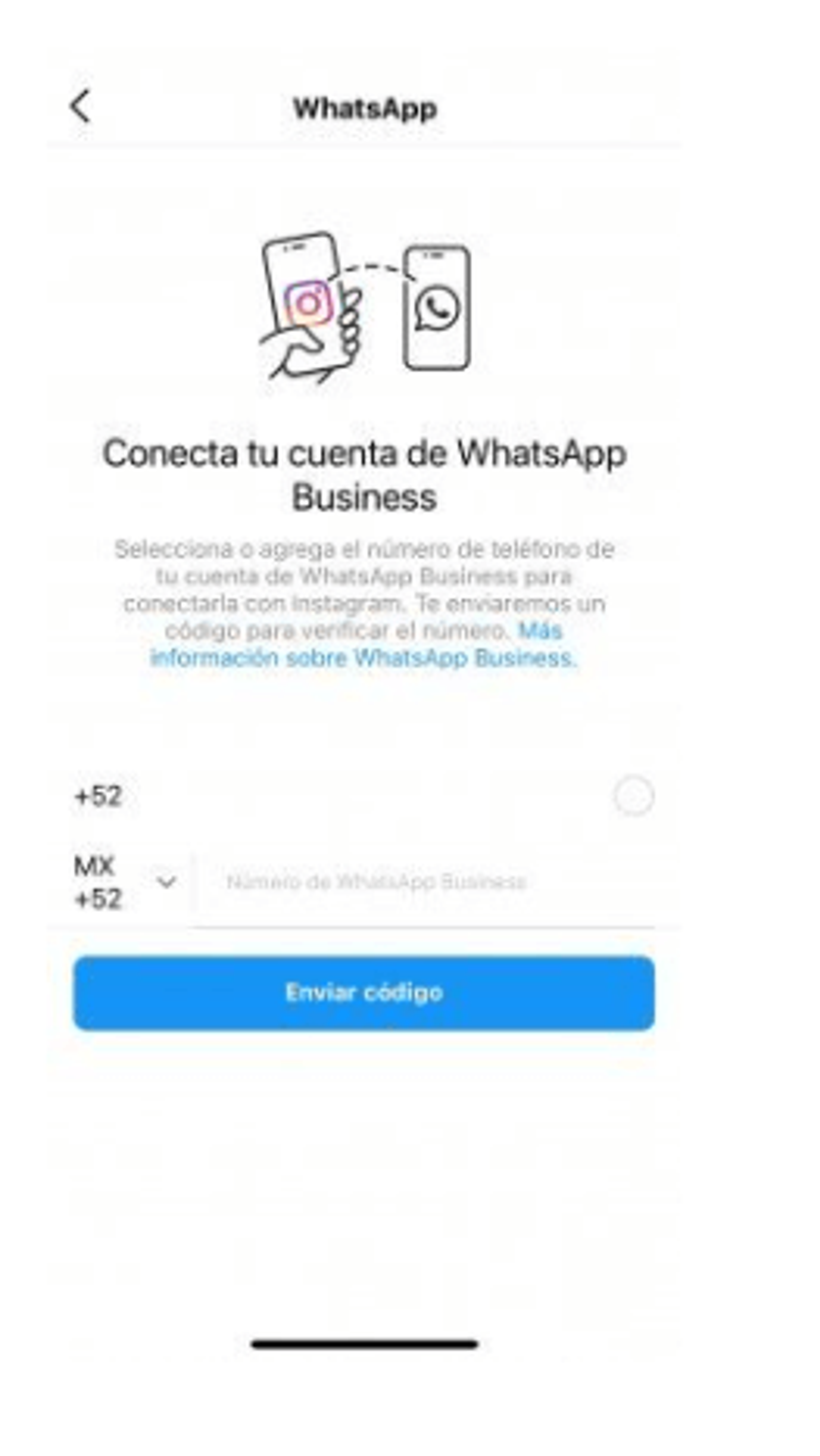 Pantalla de conexión de WhatsApp a Instagram