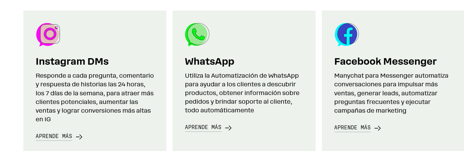 Pantalla de funciones de Manychat