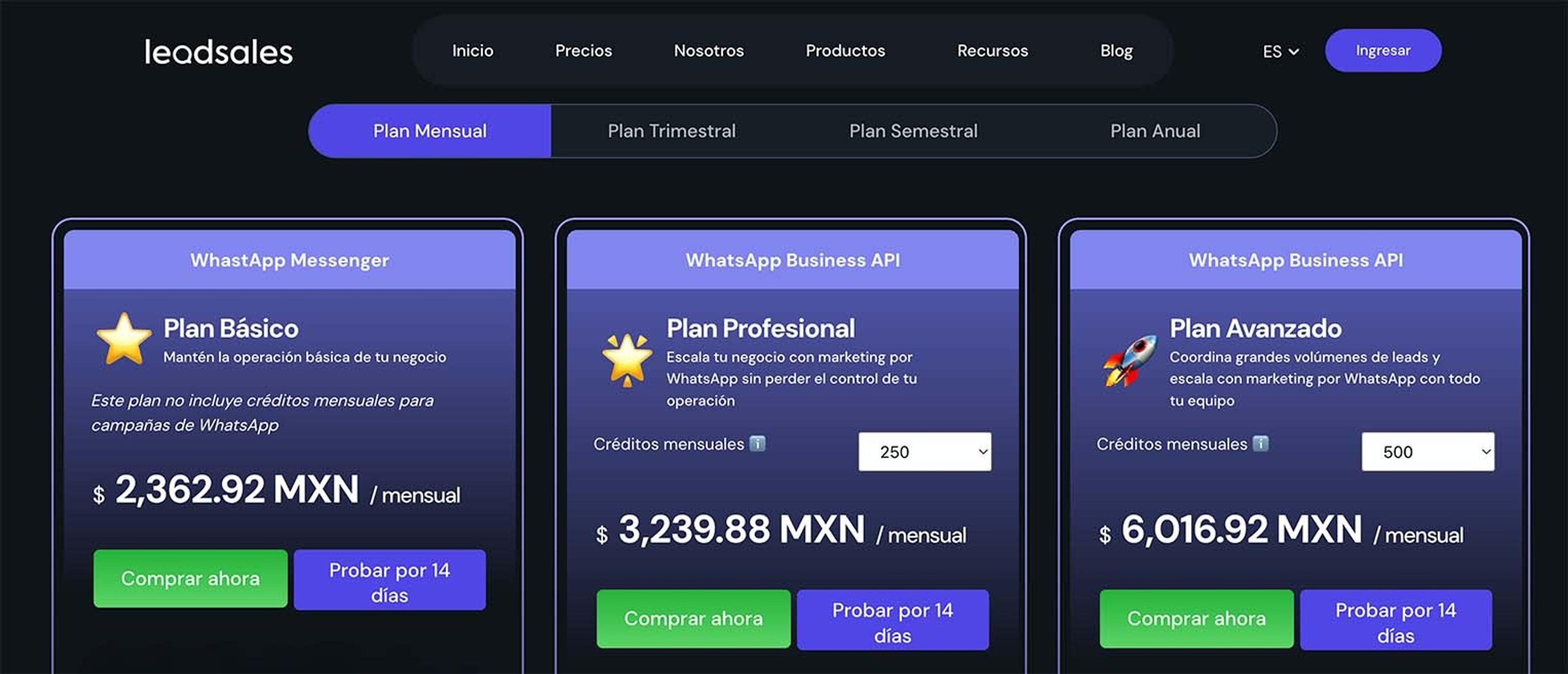 Captura de la página de precios de Leadsales mostrando sus tres planes mensuales: Plan Básico con WhatsApp Messenger a $2,362.92 MXN, Plan Profesional con WhatsApp Business API y 250 créditos mensuales a $3,239.88 MXN, y Plan Avanzado con WhatsApp Business API y 500 créditos mensuales a $6,016.92 MXN