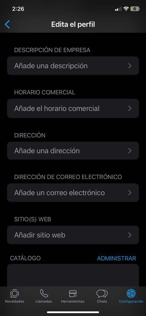 Pantalla de configuración del perfil de empresa