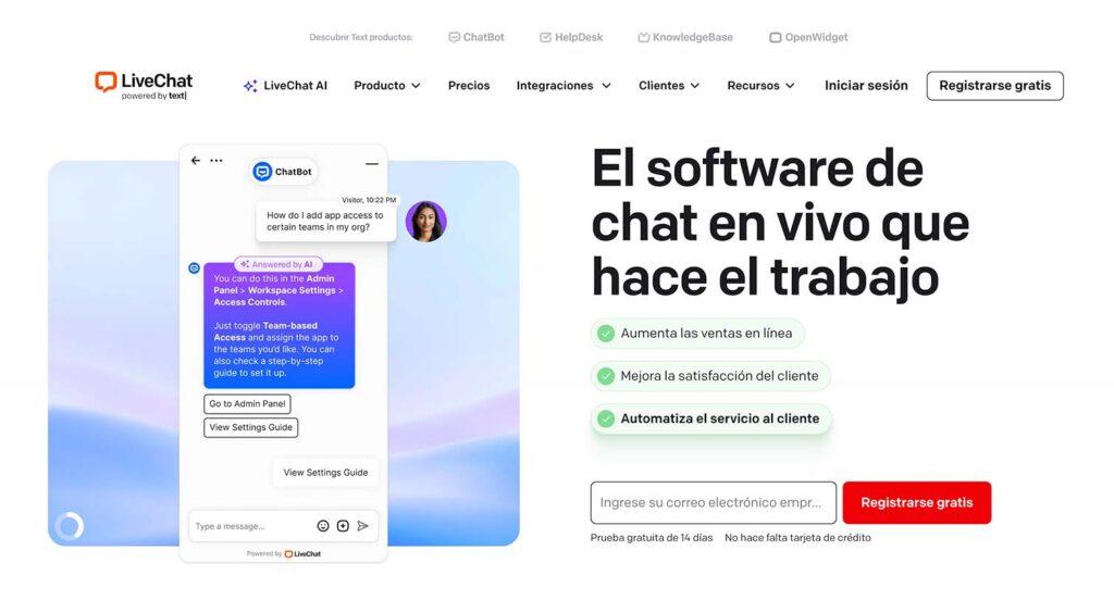 Sitio web de LiveChat, alternativa a Optiwe para chat en vivo en tiendas en línea