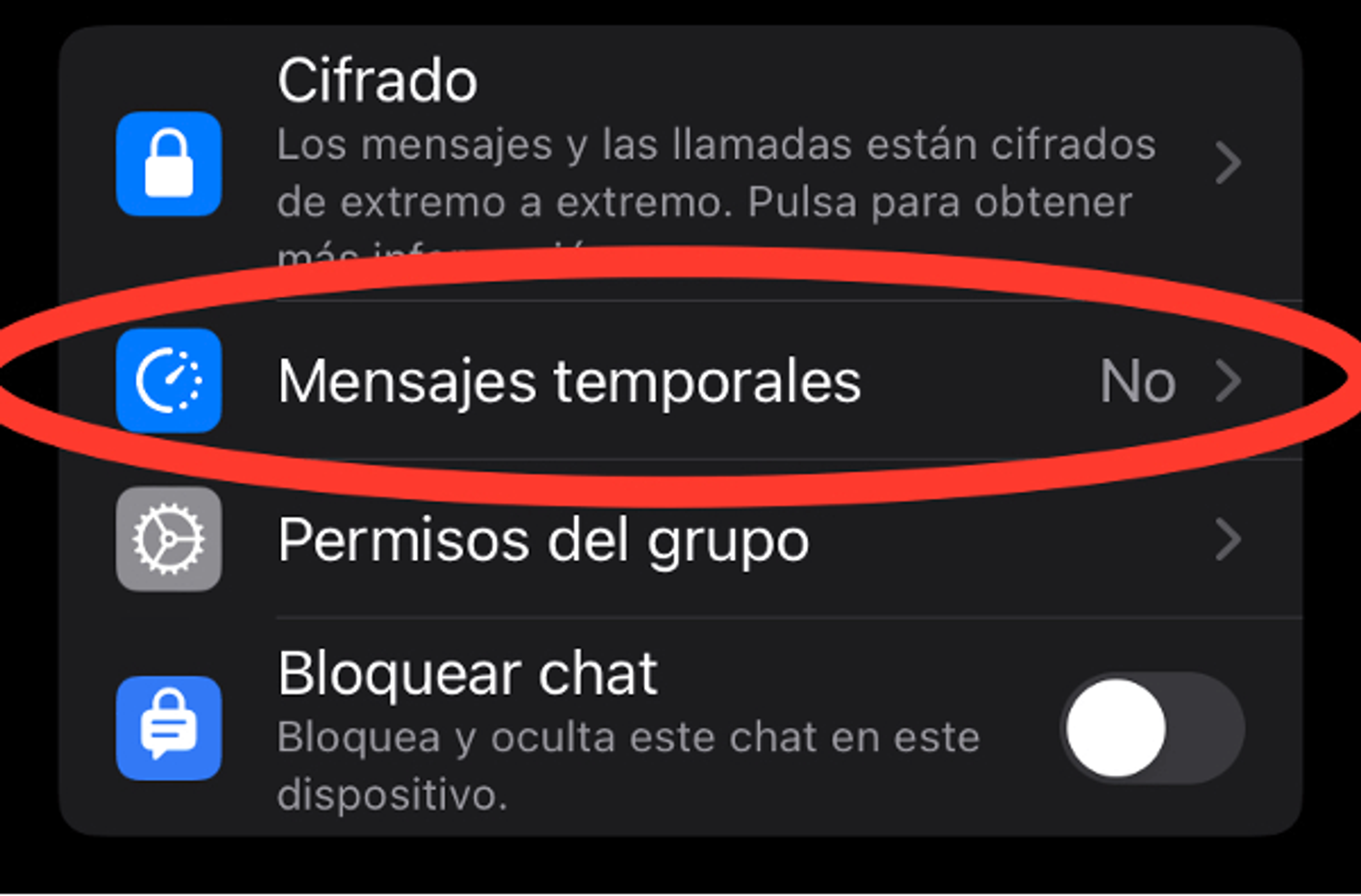 Menú de mensajes temporales en un grupo de WhatsApp con opciones de 24 horas, 7 y 90 días