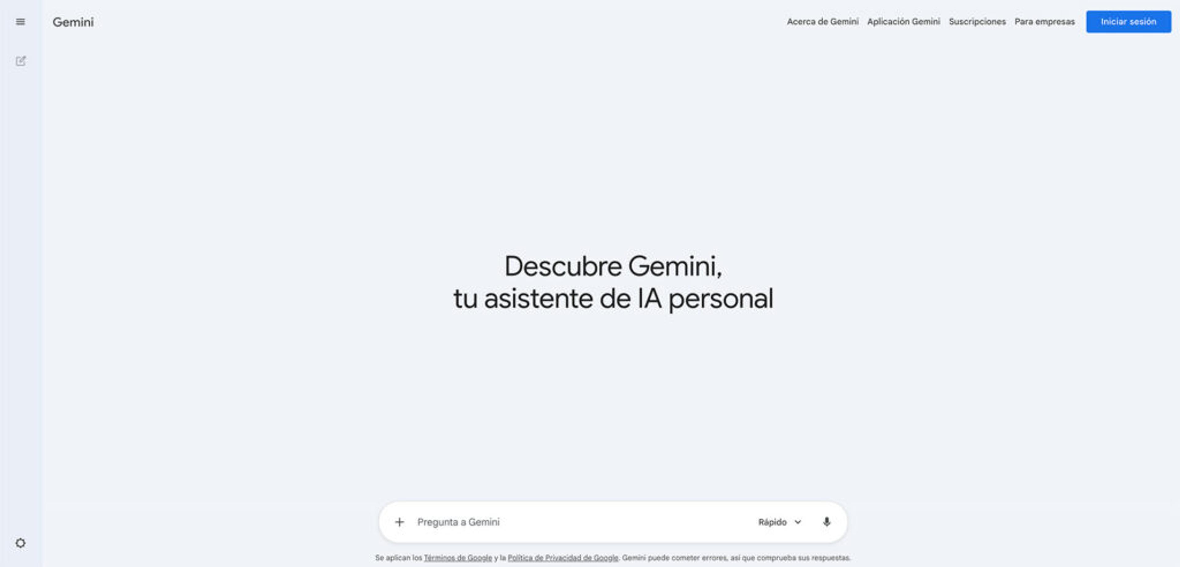 captura de pantalla del homepage de Gemini