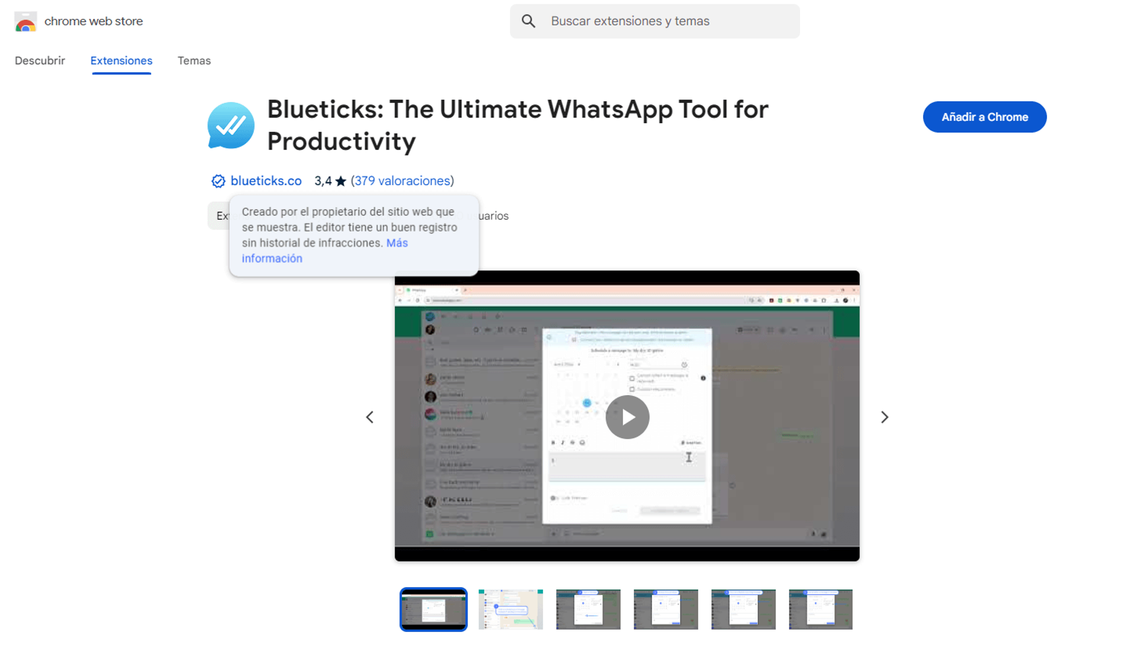 Ficha de la extensión Blueticks en Chrome Web Store con el botón Añadir a Chrome para programar mensajes en WhatsApp Web