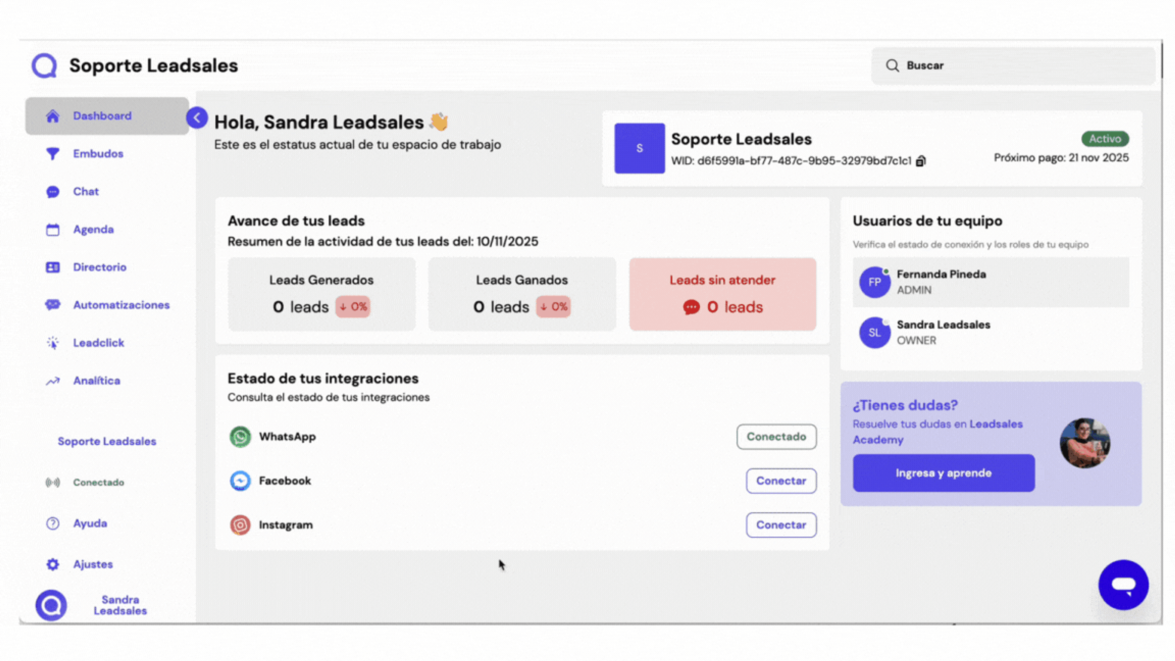 Pantalla de configuración de espaciode trabajo en Leadsales