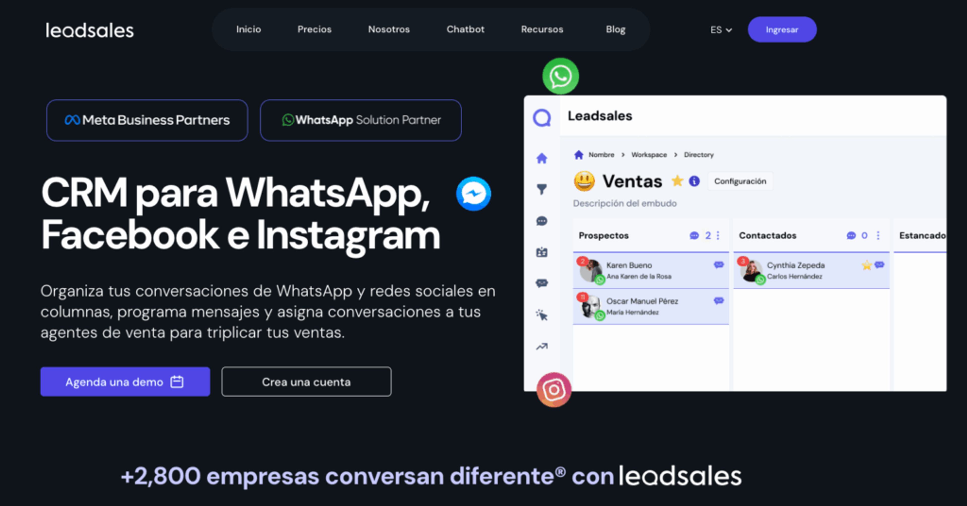 Sitio web de Leadsales, CRM para WhatsApp alternativo a Optiwe con embudos de venta y multiagente