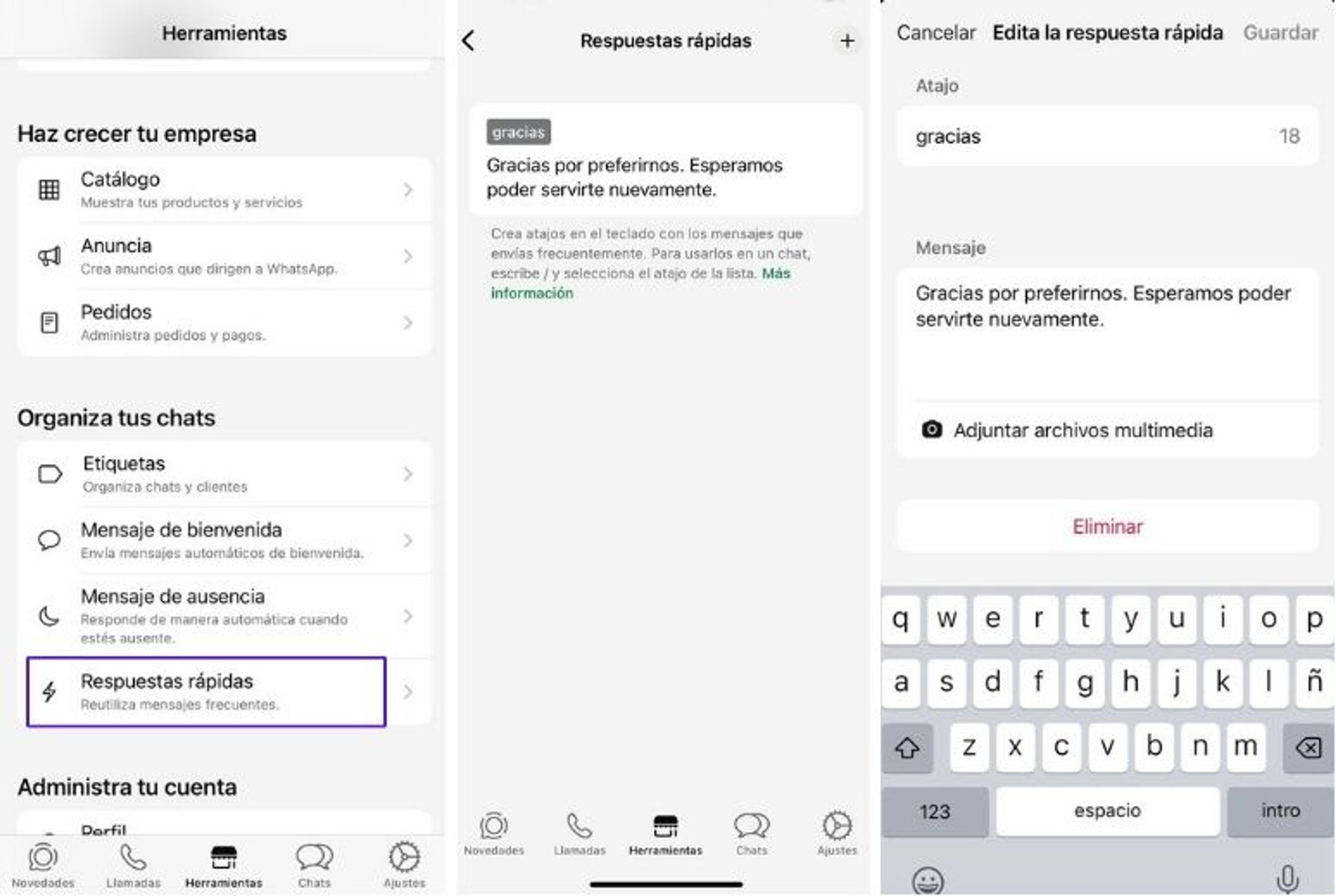 Pantalla de WhatsApp para personalizar respuestas rápidas en WhatsApp