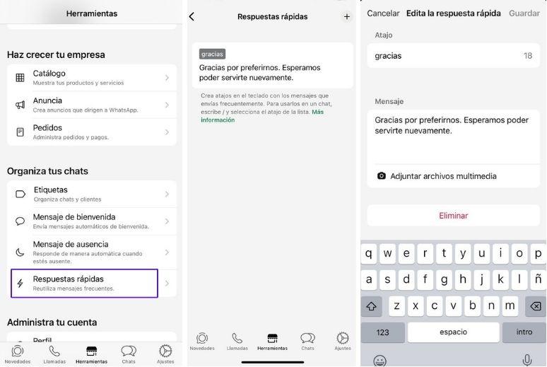 Pantalla de WhatsApp para personalizar respuestas rápidas en WhatsApp