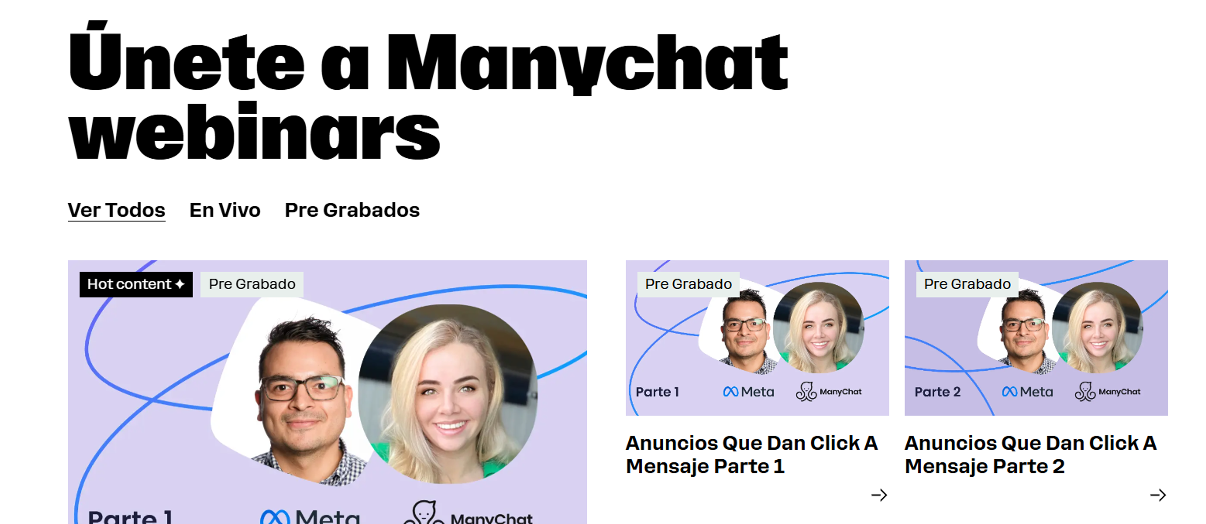 Pantalla de webinars en Manychat