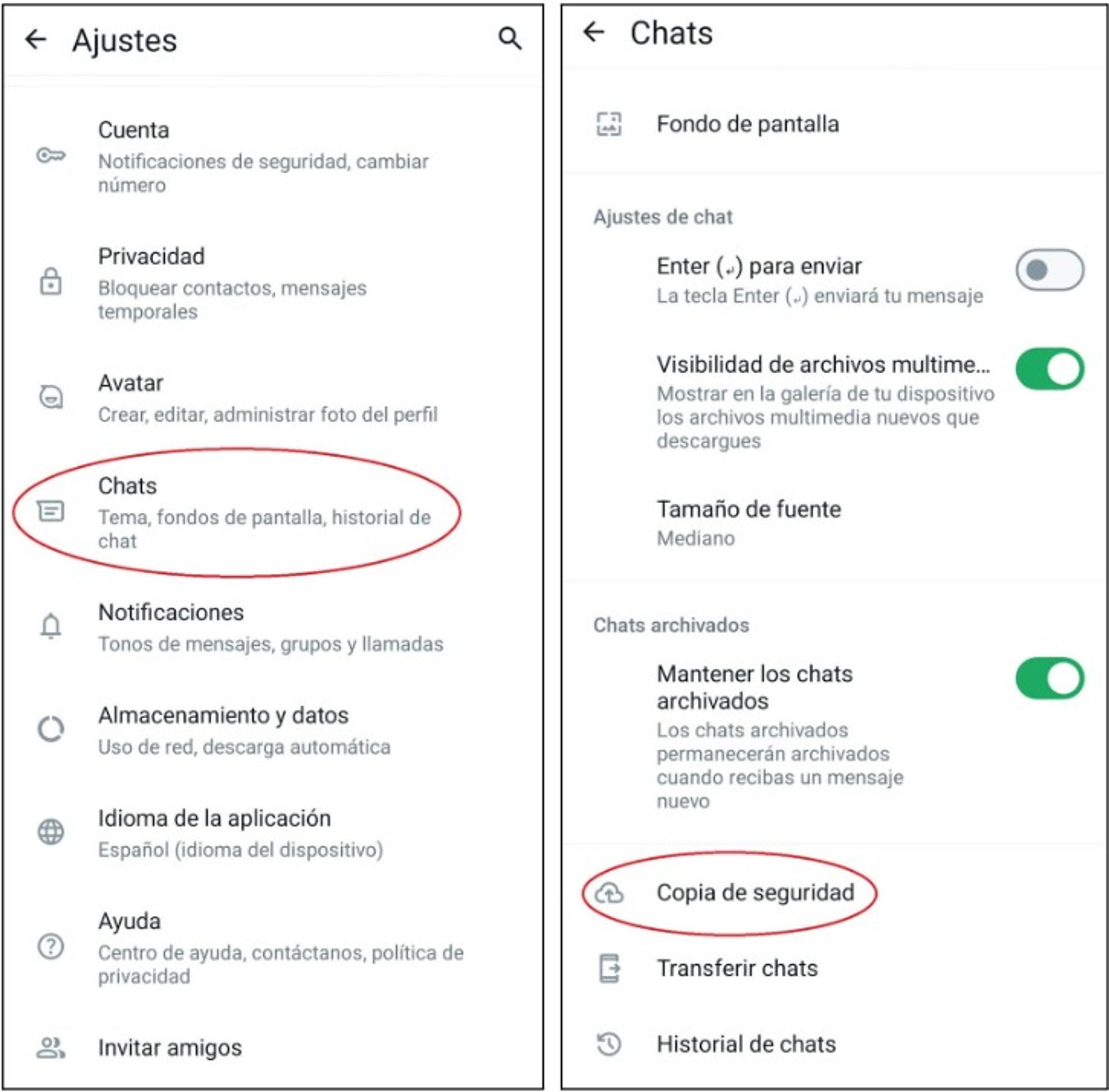 Pantalla de ajustes de chats en WhatsApp en Android