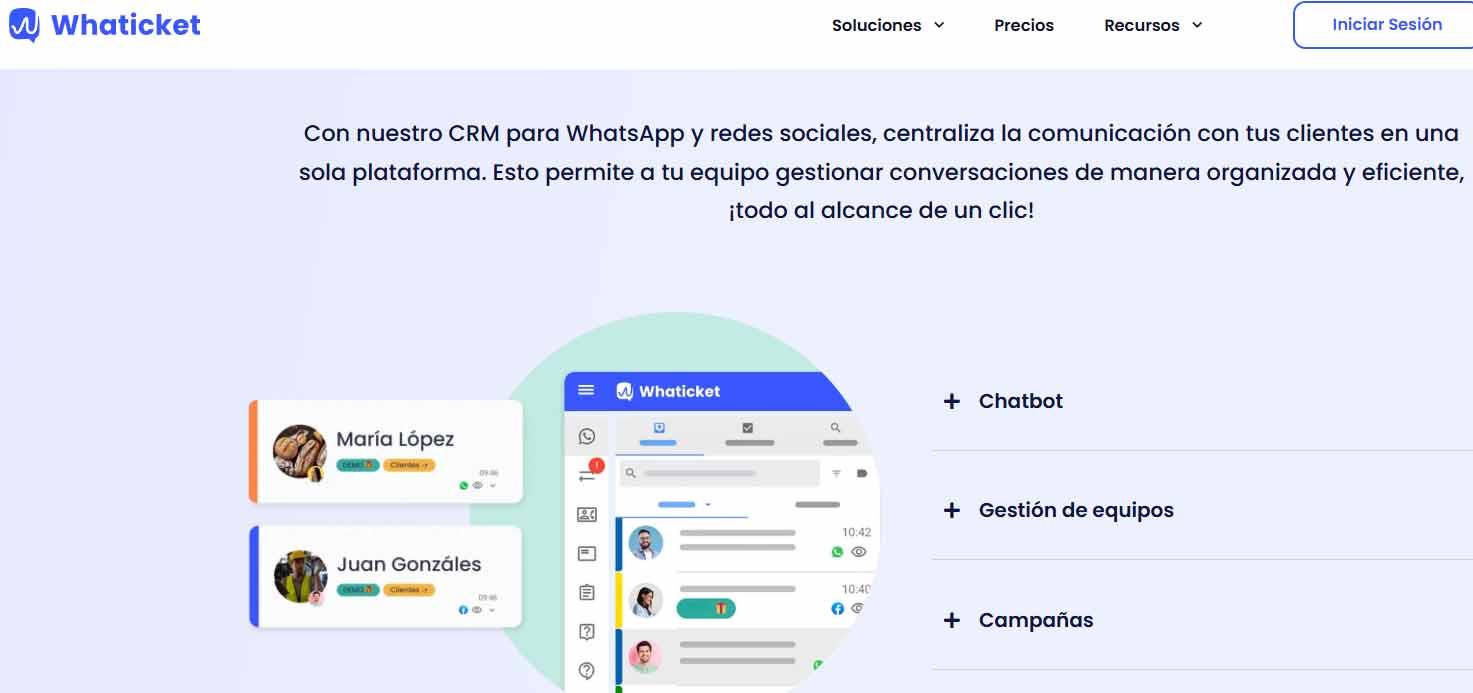 Captura de pantalla del home del sitio web de Whaticket