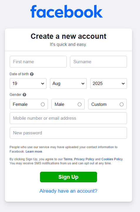 Pantalla para crear cuenta de Facebook