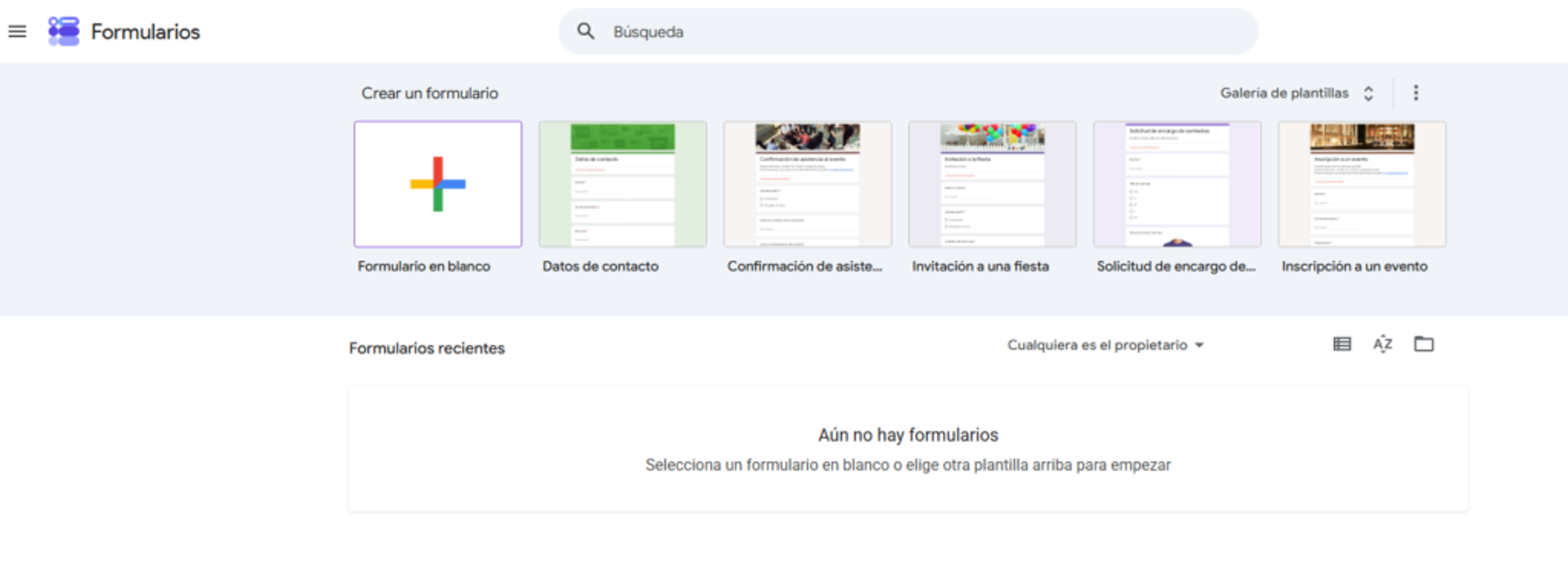 Panel de creación de formulario en Google Forms
