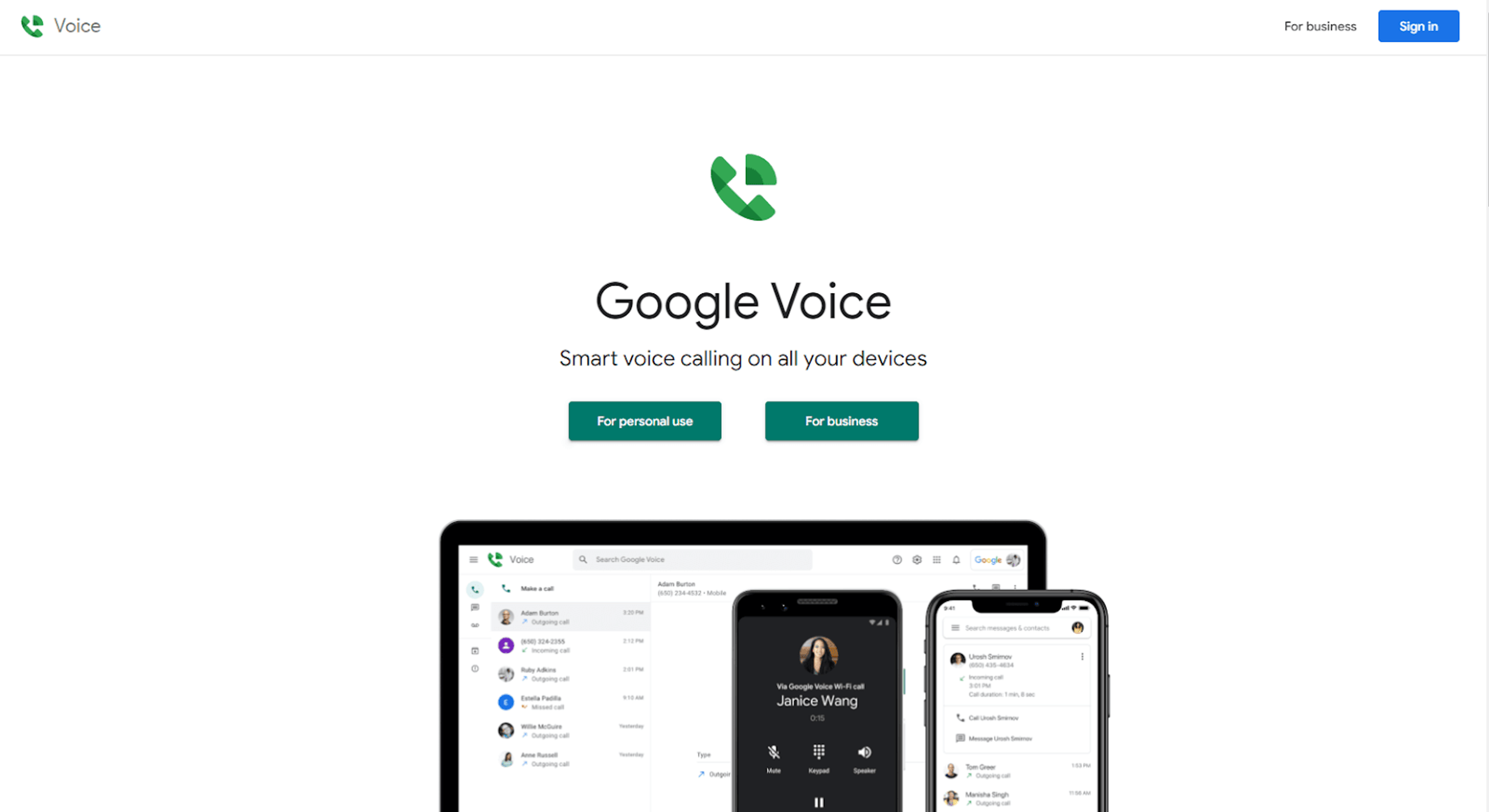 captura de pantalla de la página de la aplicación Google Voice