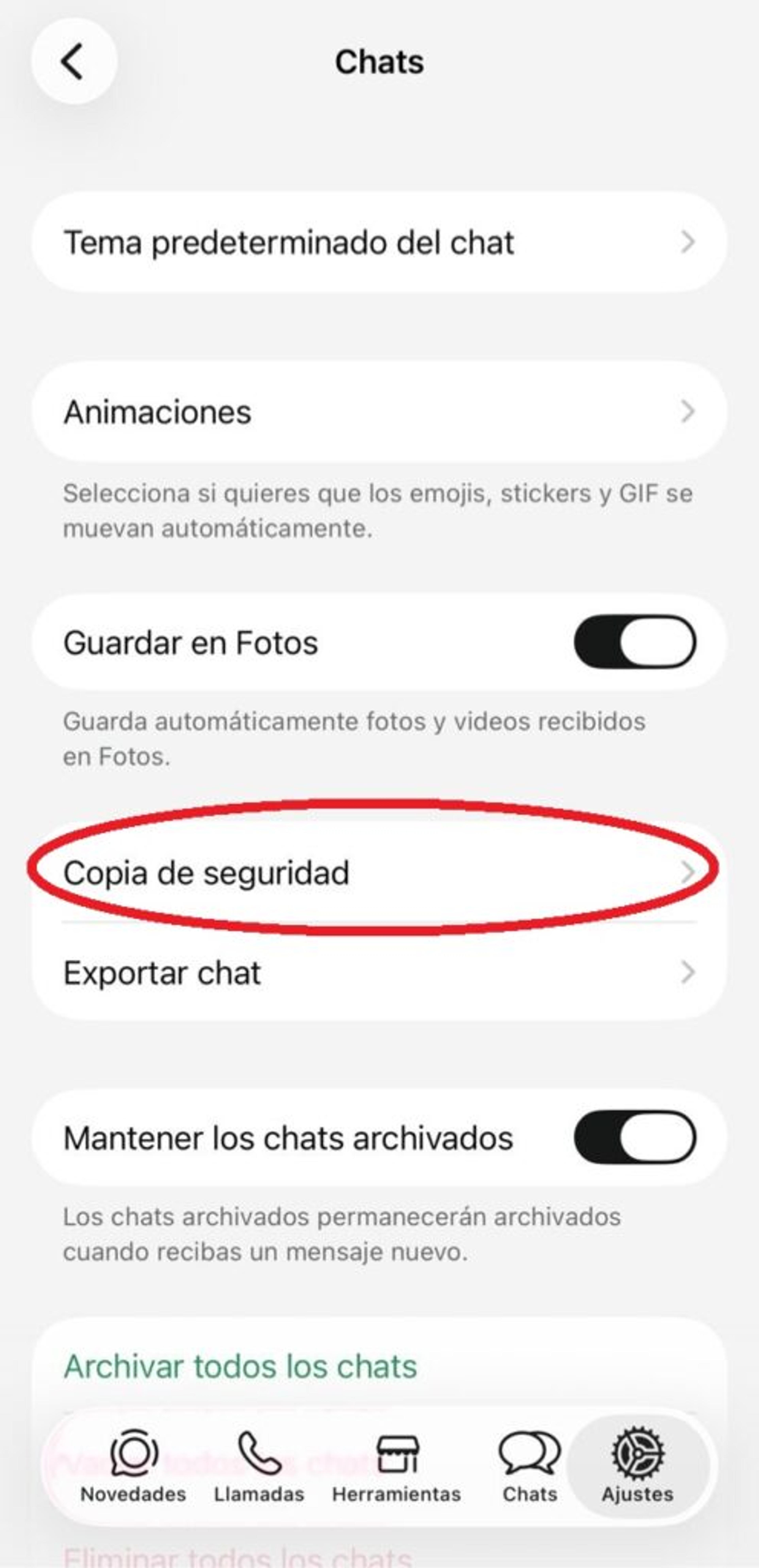 Pantalla de Chats en WhatsApp iPhone con la opción "Copia de seguridad" resaltada en círculo rojo
