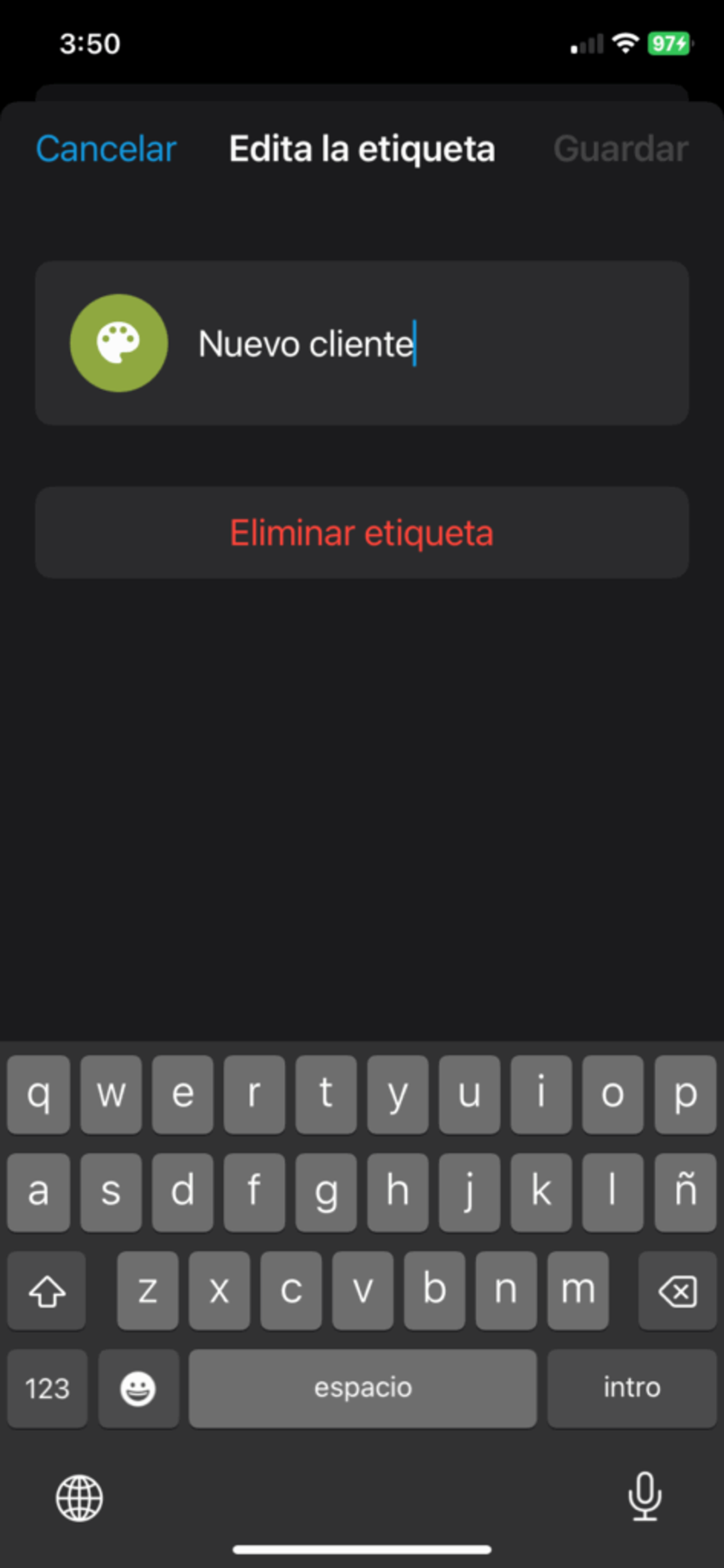 Pantalla para editar nombre de etiqueta en WhatsApp Business