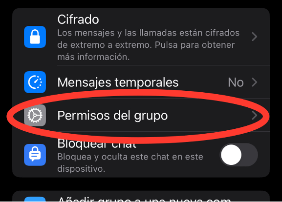 Ajustes de permisos del grupo de WhatsApp para que solo los administradores envíen mensajes