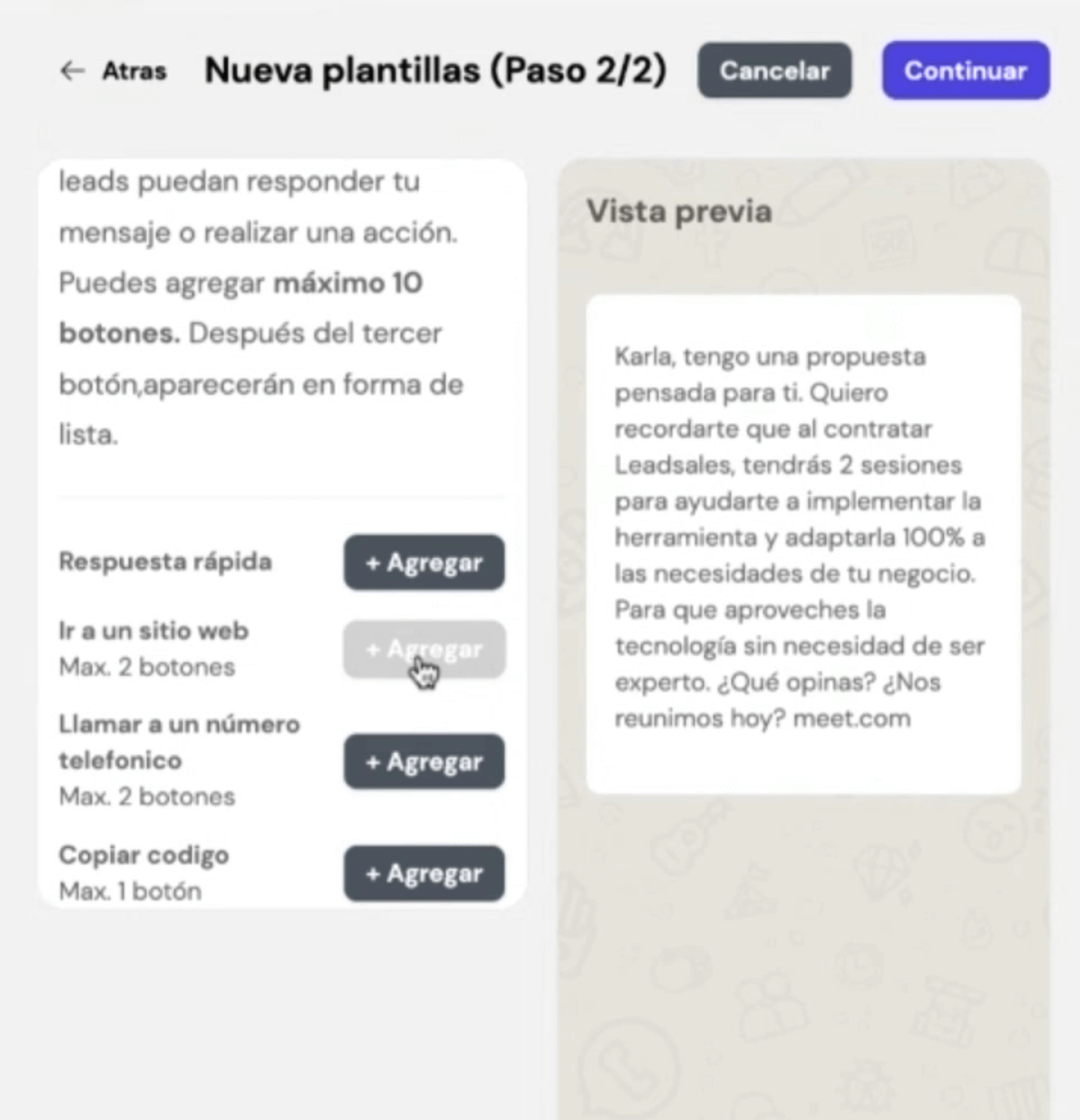 Pantalla para añadir botones a plantilla de mensajes de WhatsApp en Leadsales