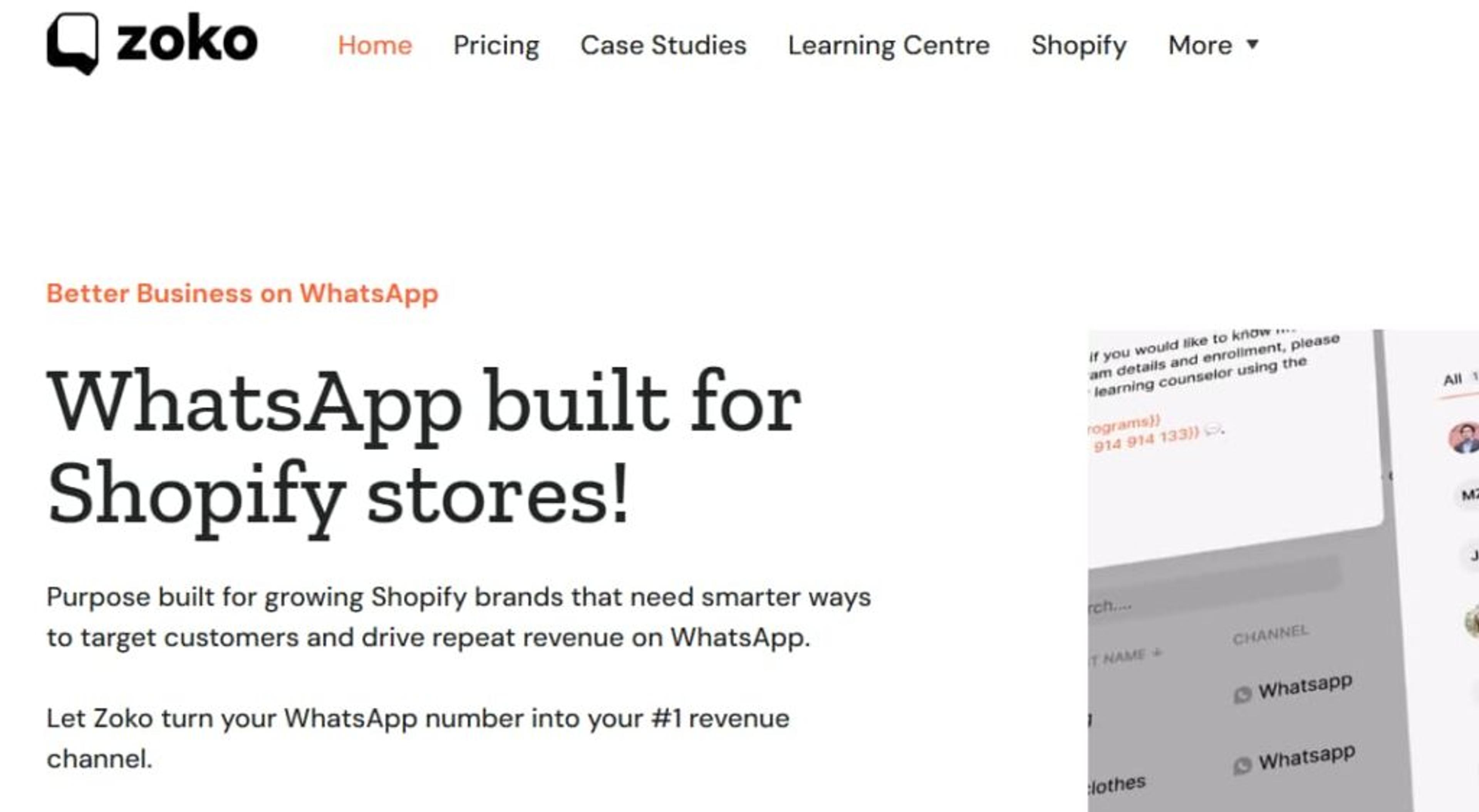Página de inicio de Zoko, plataforma de WhatsApp para tiendas Shopify