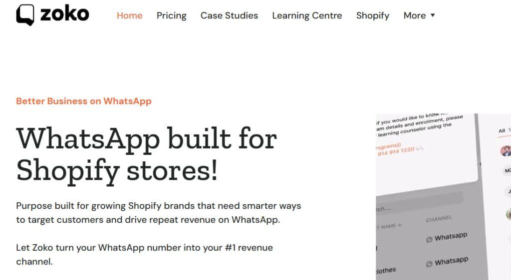 Página de inicio de Zoko, plataforma de WhatsApp para tiendas Shopify