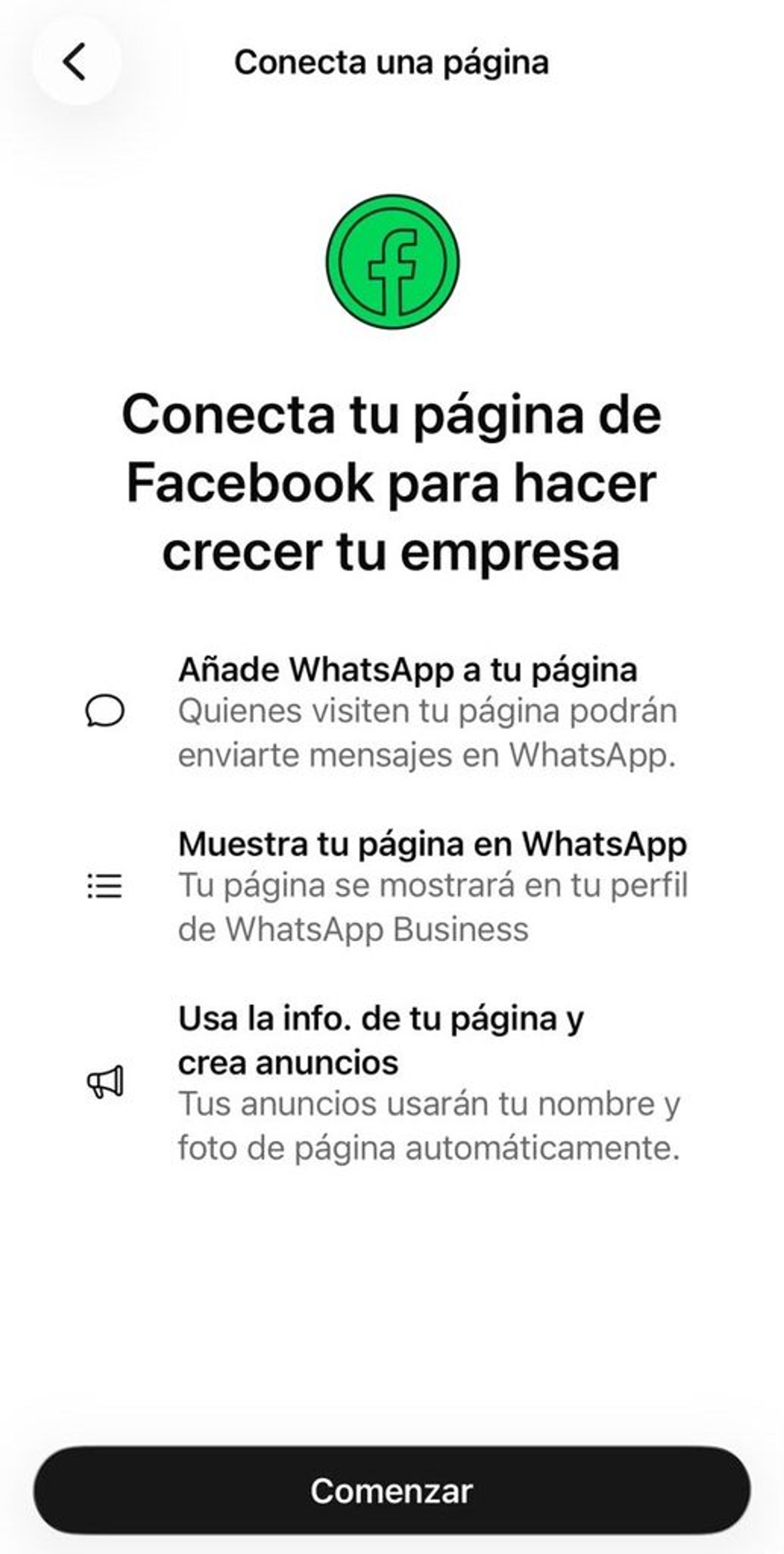 Pantalla para conectar WhatsApp Business con Facebook desde WhatsApp