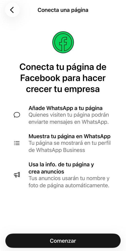 Pantalla para conectar WhatsApp Business con Facebook desde WhatsApp