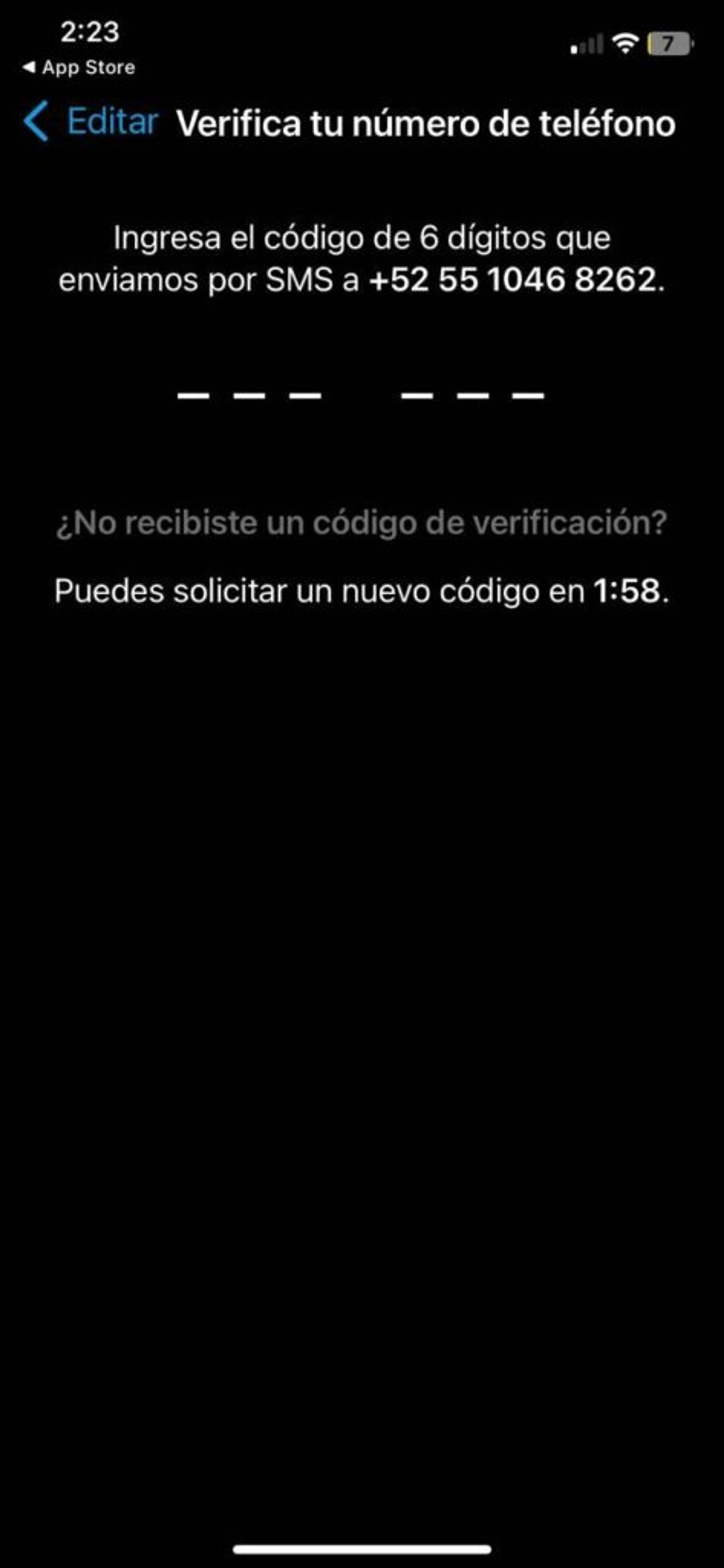 Pantalla de verificación de número en WhatsApp