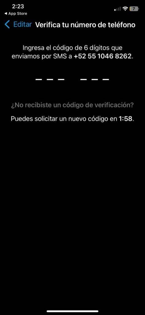 Pantalla de verificación de número en WhatsApp