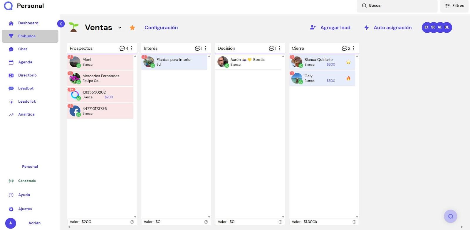 Vista de embudo de ventas en Leadsales, uno de los mejores CRM para PYMEs, con columnas personalizables por etapa