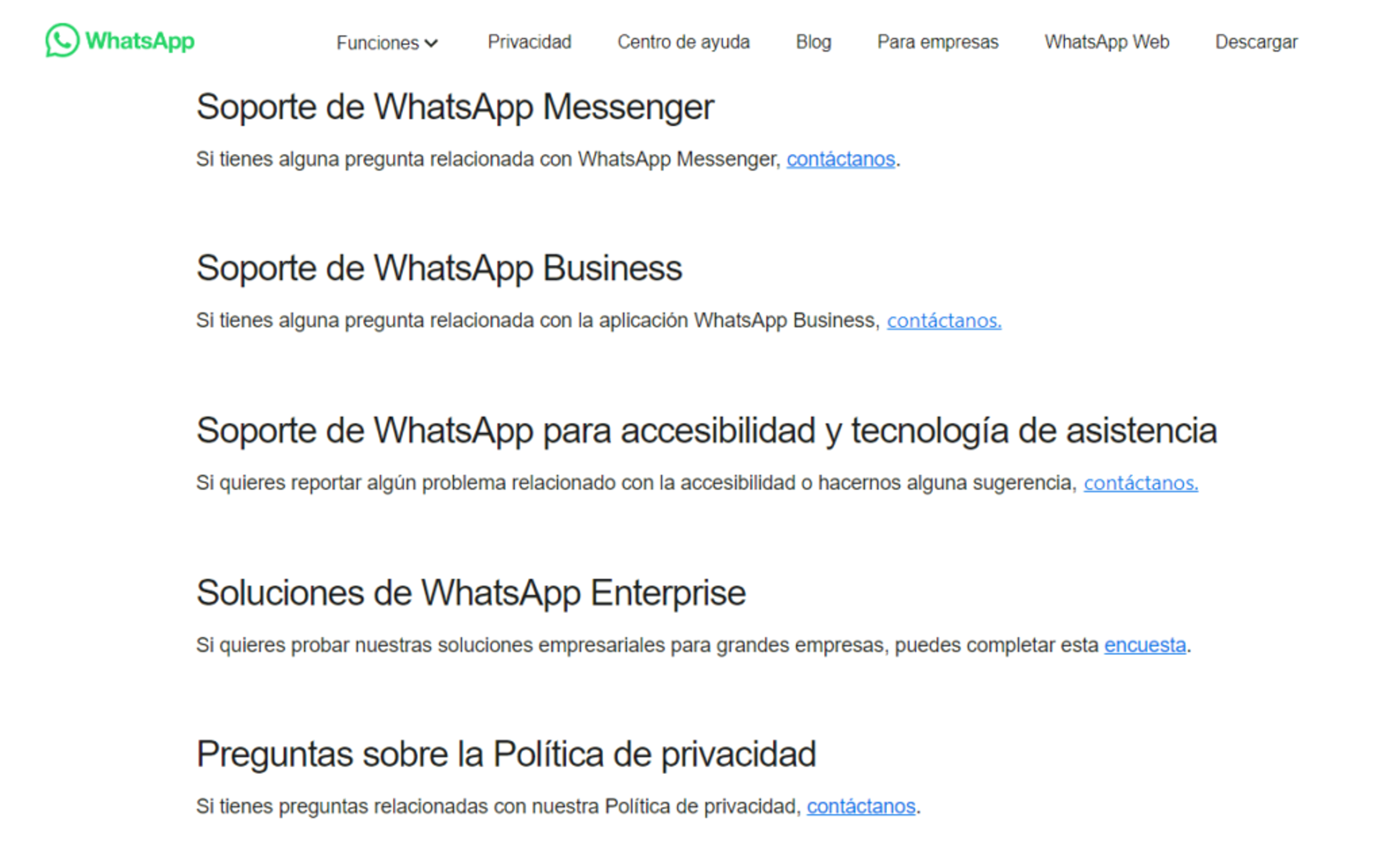 Página de soporte de WhatsApp