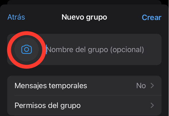 Campo para escribir el nombre y añadir la foto de un grupo de ventas en WhatsApp