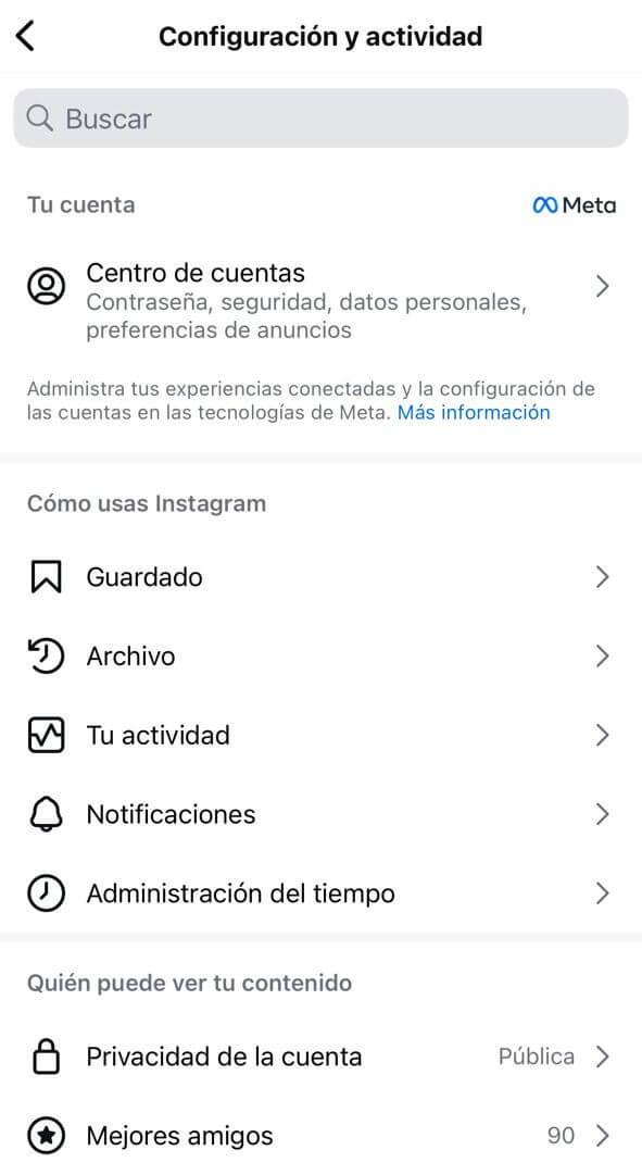 Pantalla para cambiar tipo de cuenta de Instagram