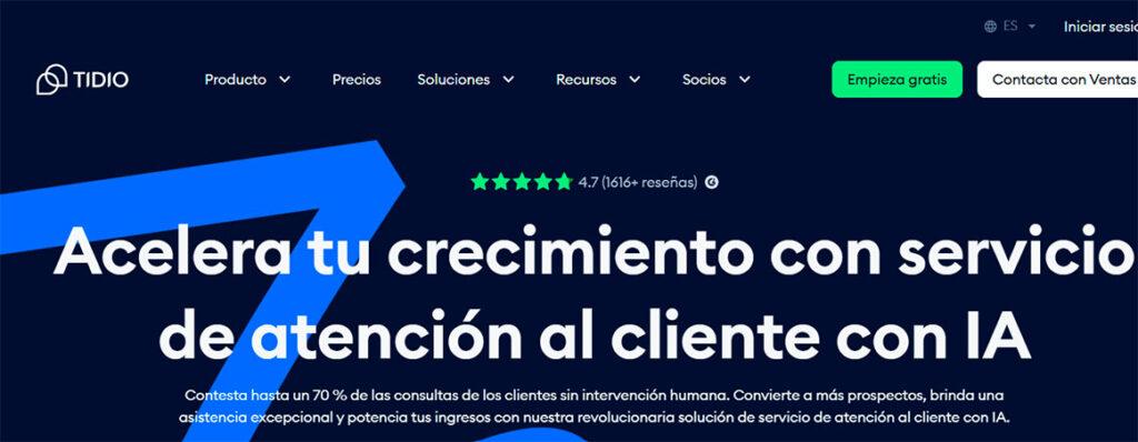 Sitio web de Tidio, alternativa a Optiwe con chat en vivo y chatbots para ecommerce