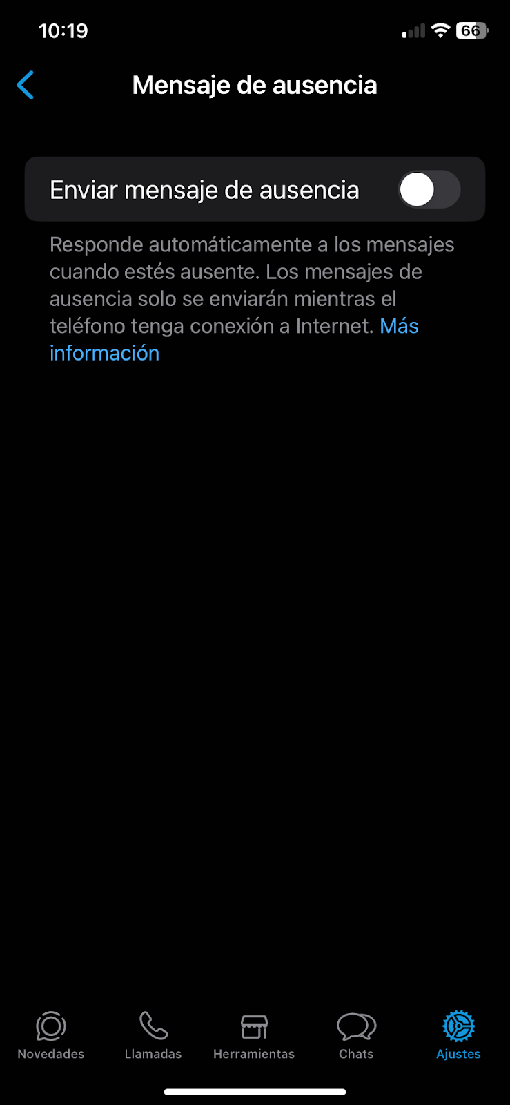 Captura de pantalla de la pantalla de Mensaje de Ausencia de WhatsApp Business.