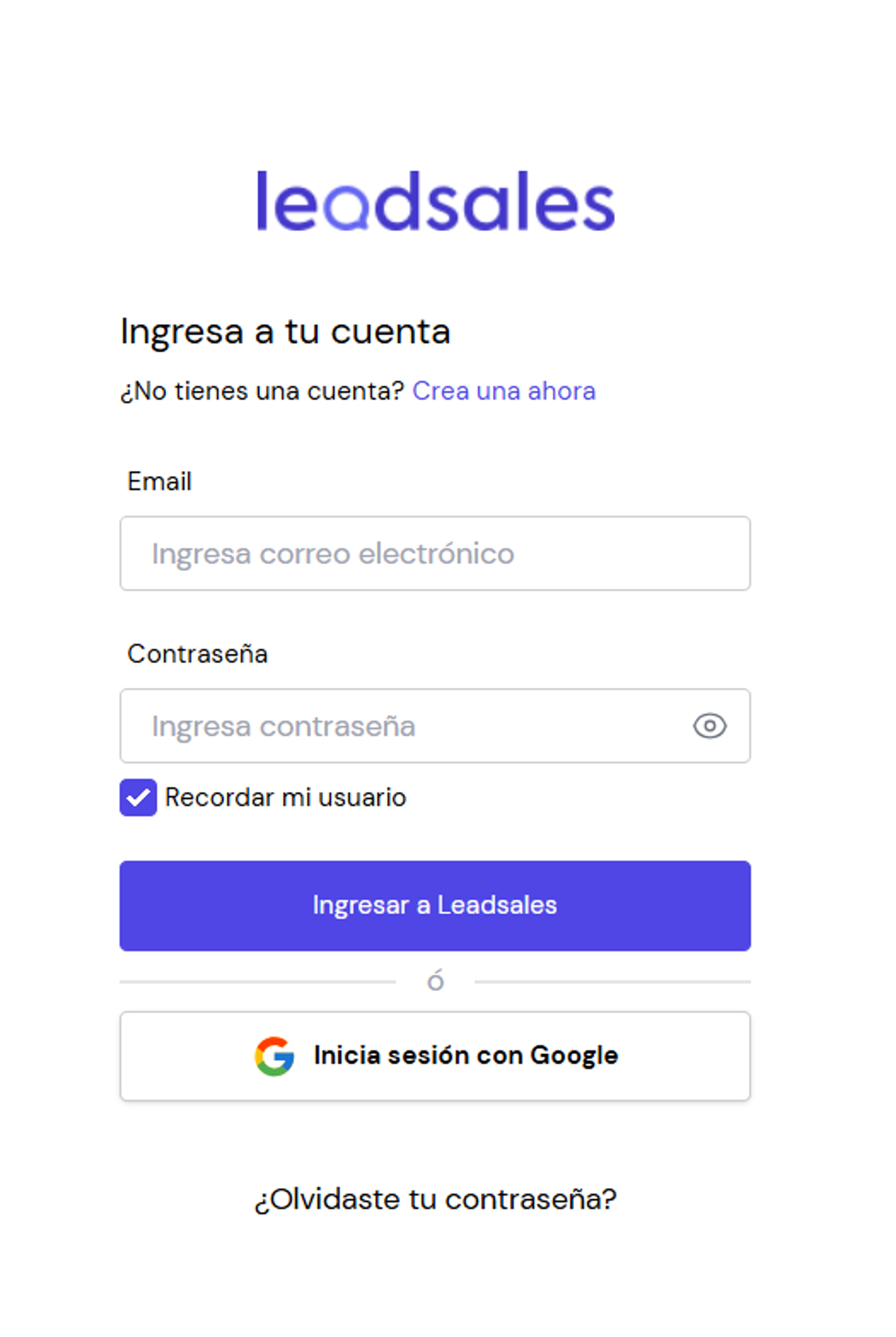Pantalla para iniciar sesión en Leadsales
