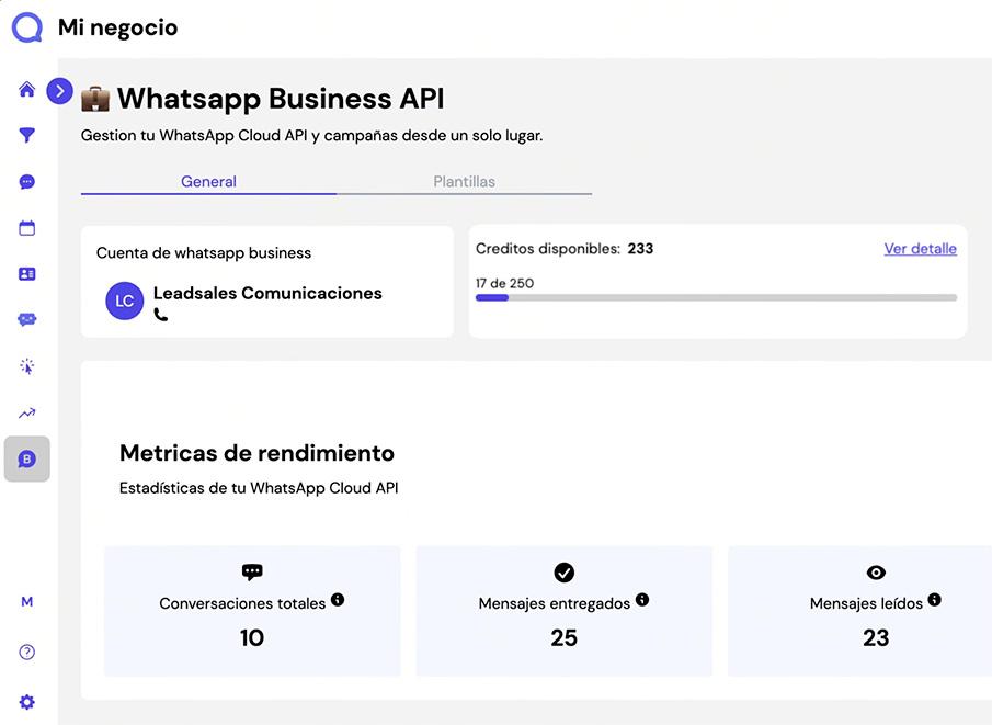 Captura de pantalla del panel principal de Leadsales que muestra el paso 1 para mandar mil mensajes por WhatsApp: acceder al módulo de WhatsApp dentro de Leadsales