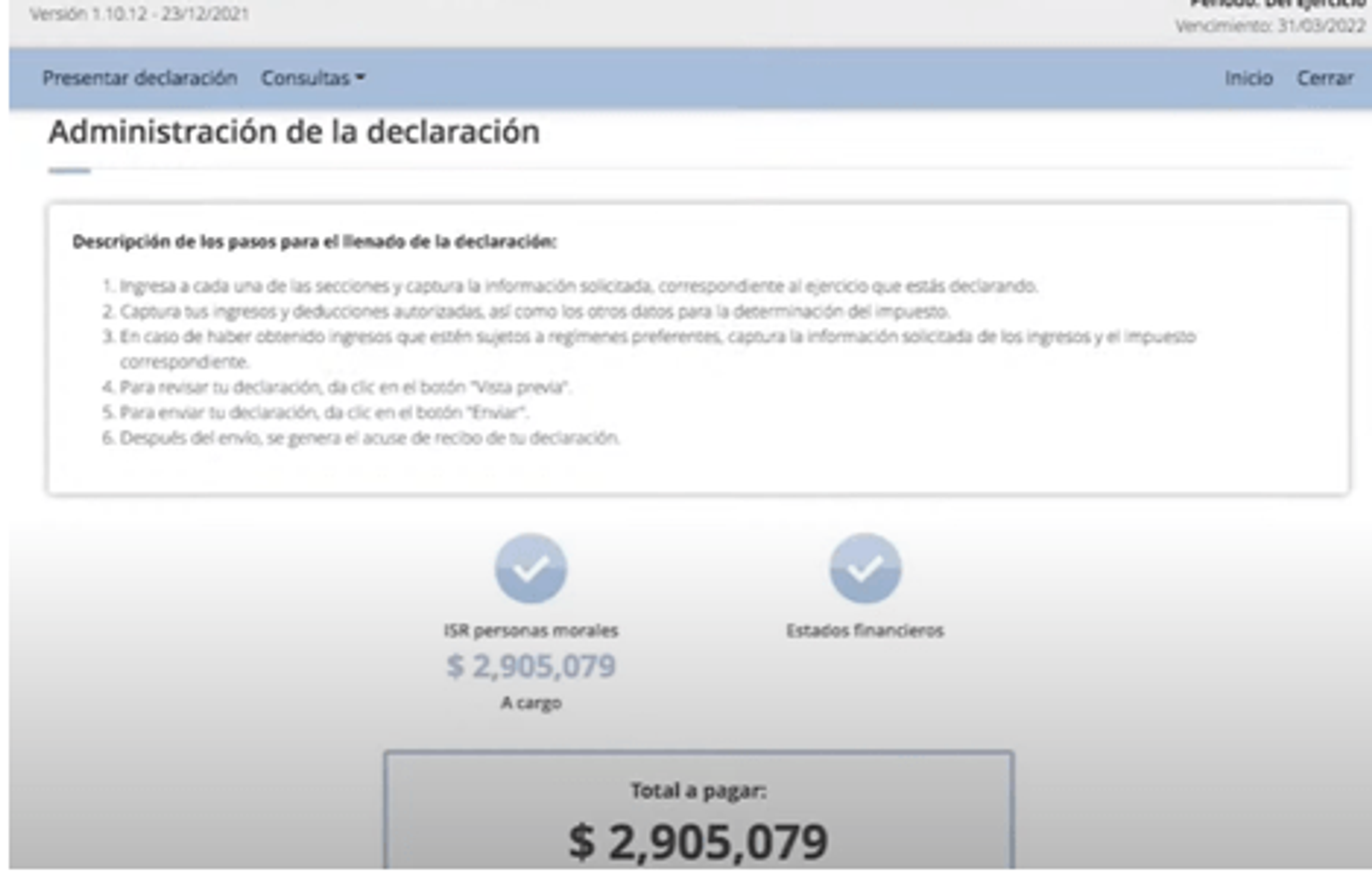 declaración a pagar total frente al SAT