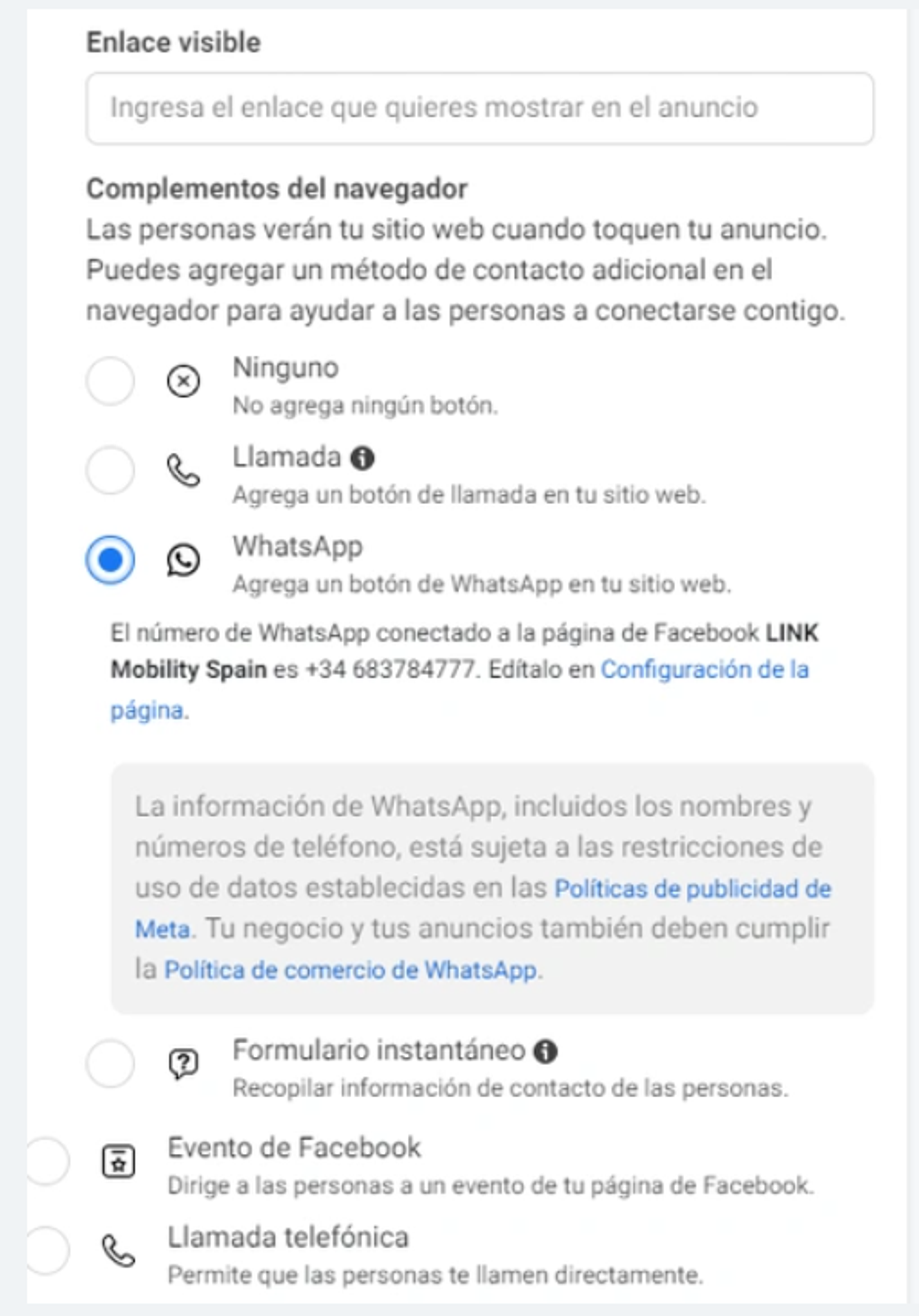 Pantalla de creación de anuncios en Facebook
