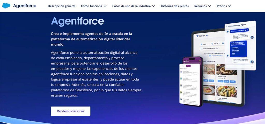 Captura de pantalla de la página web de Agentforce