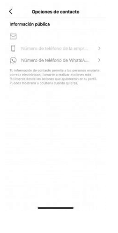 Pantalla de opciones de contacto en Instagram
