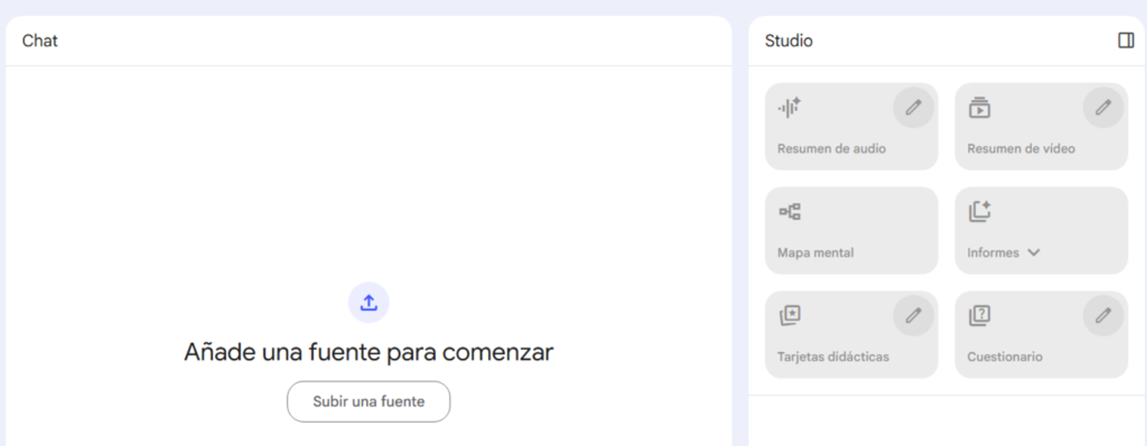 Pantalla de opciones de NotebookLM