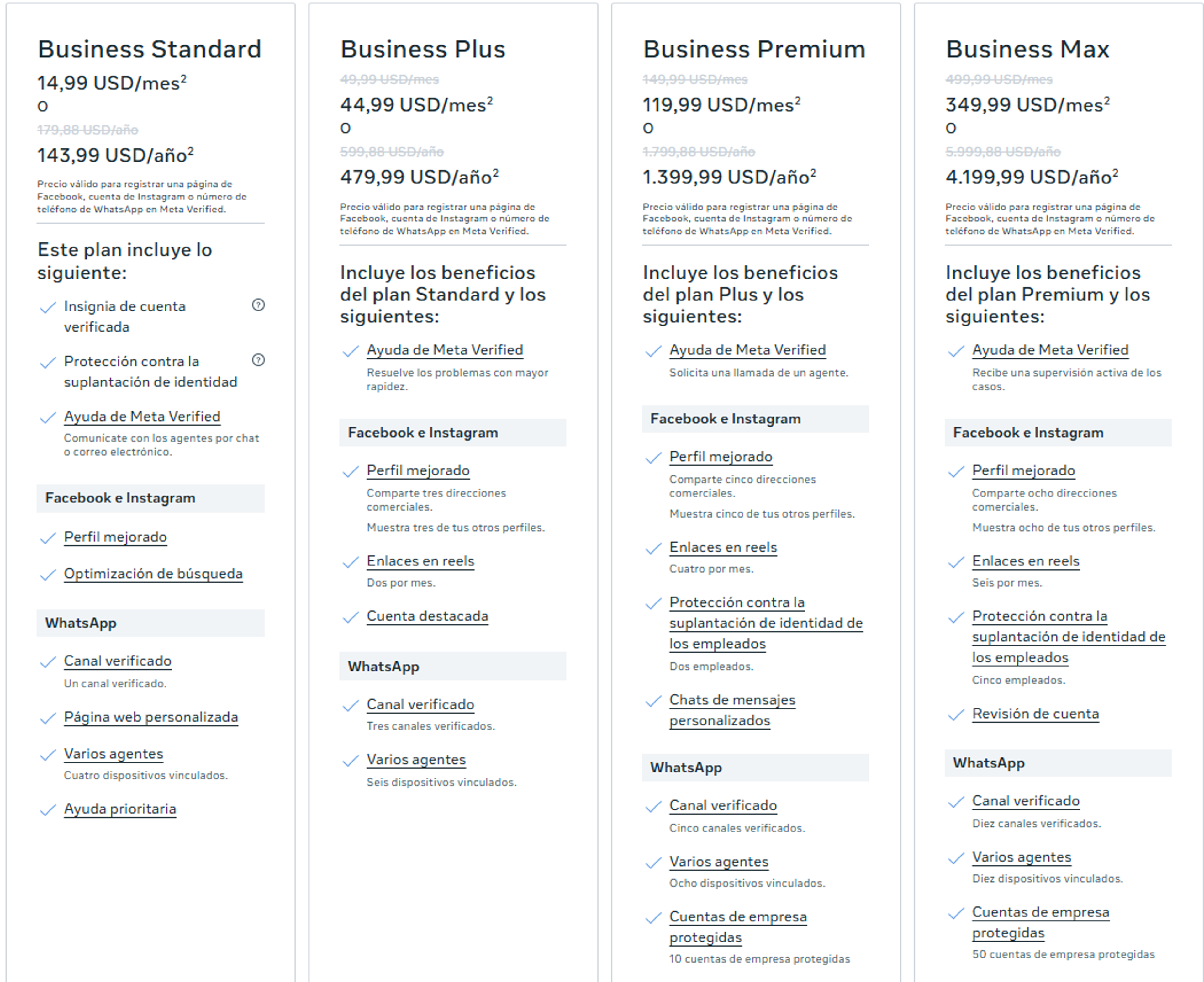 Planes de Meta Verified para empresas: precios Business Standard, Plus, Premium y Max en USD