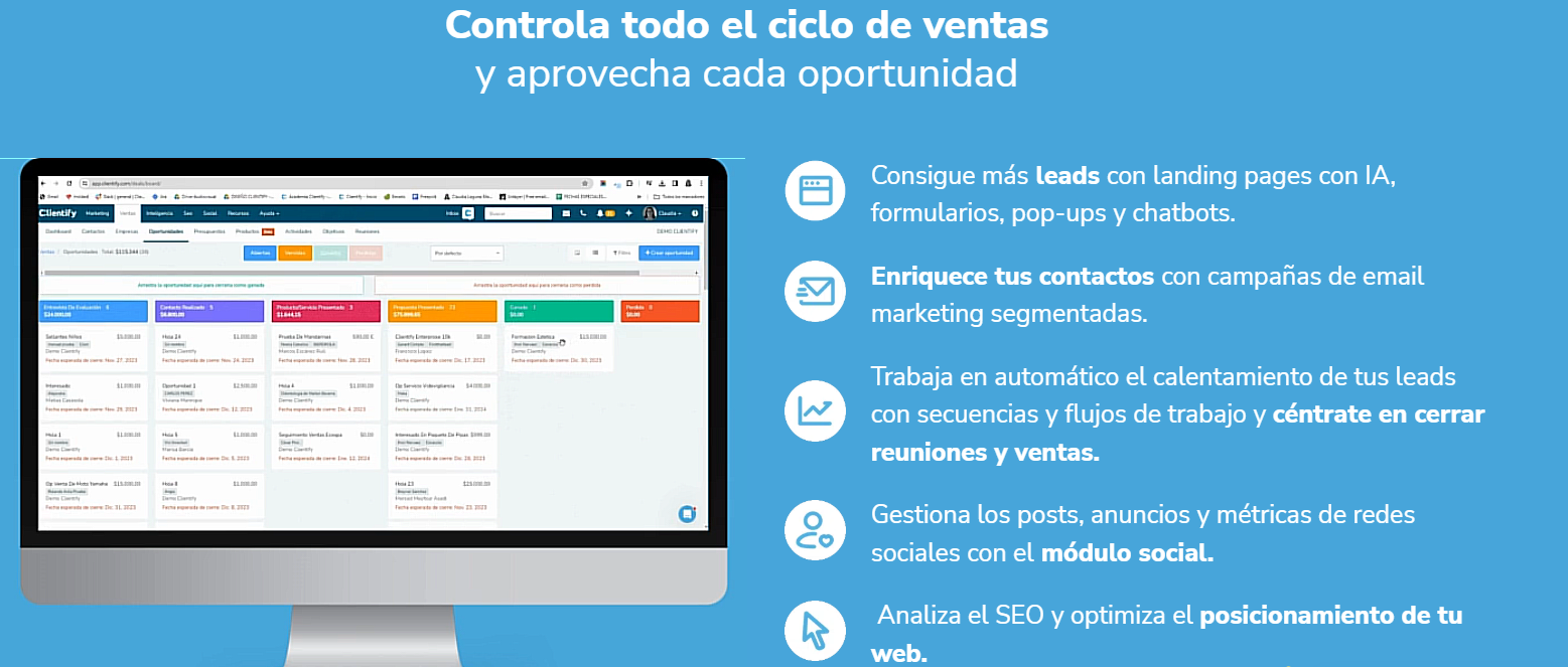 Pantalla de funciones de Clientify