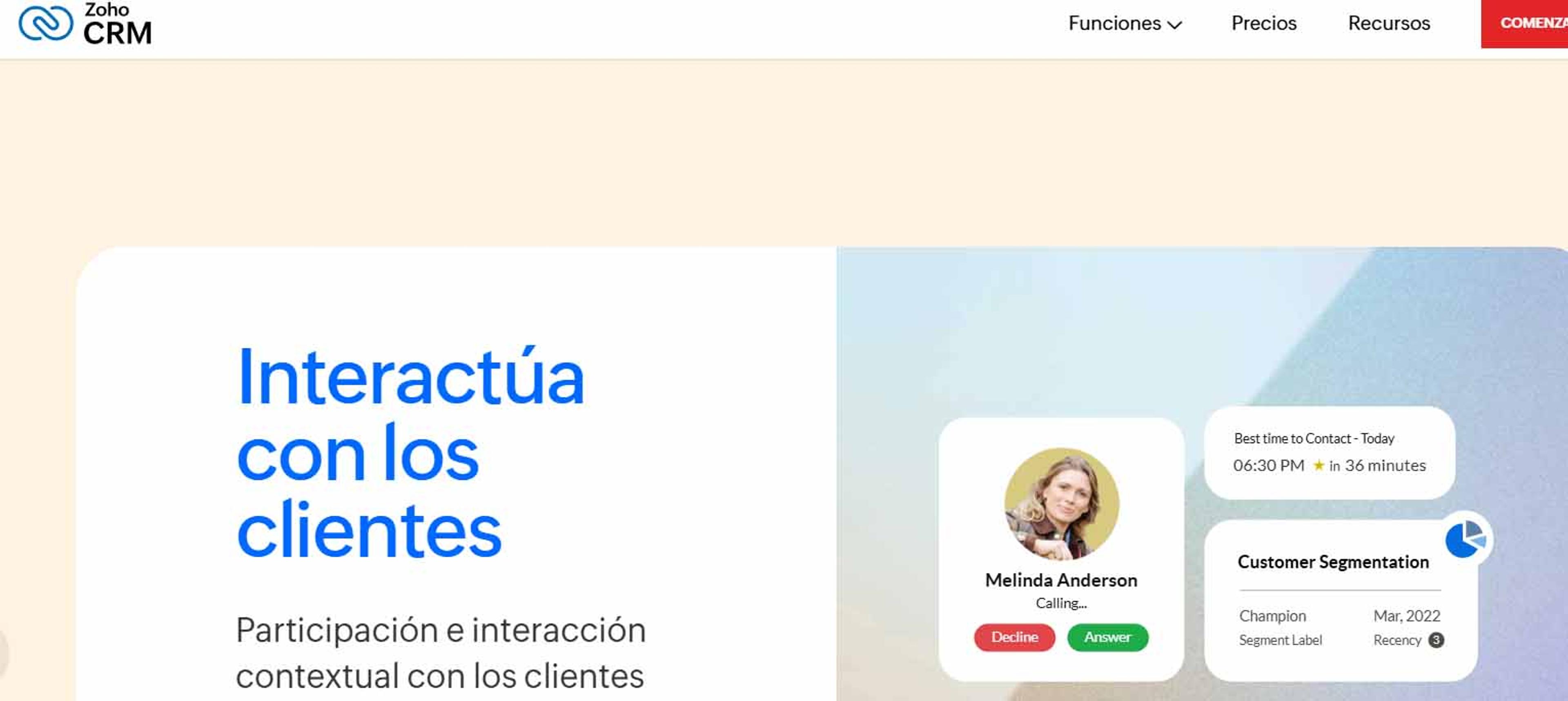 Captura de pantalla del home del sitio web de Zoho CRM