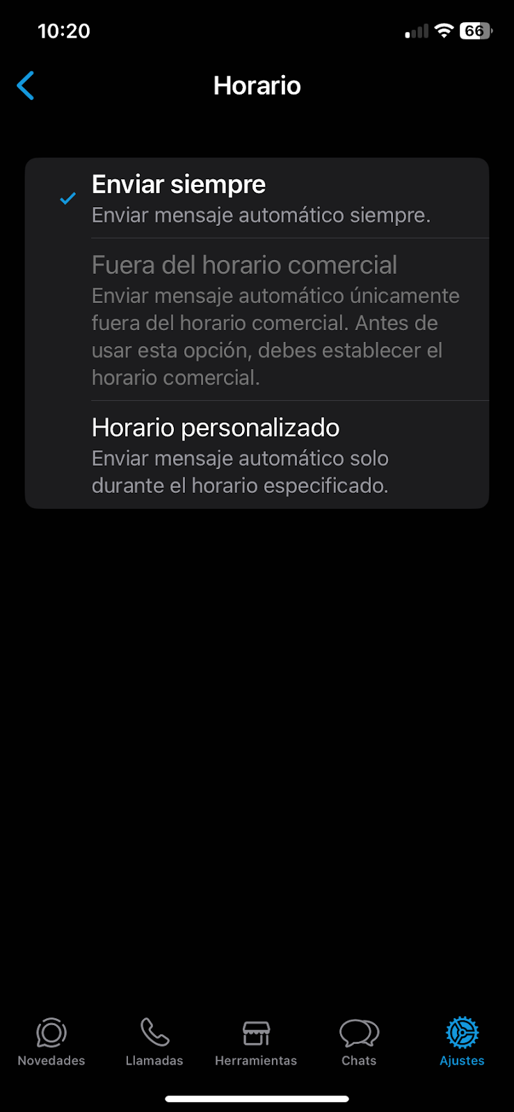 Captura de pantalla de la pantalla para configurar el horario de un Mensaje de ausencia de WhatsApp Business.