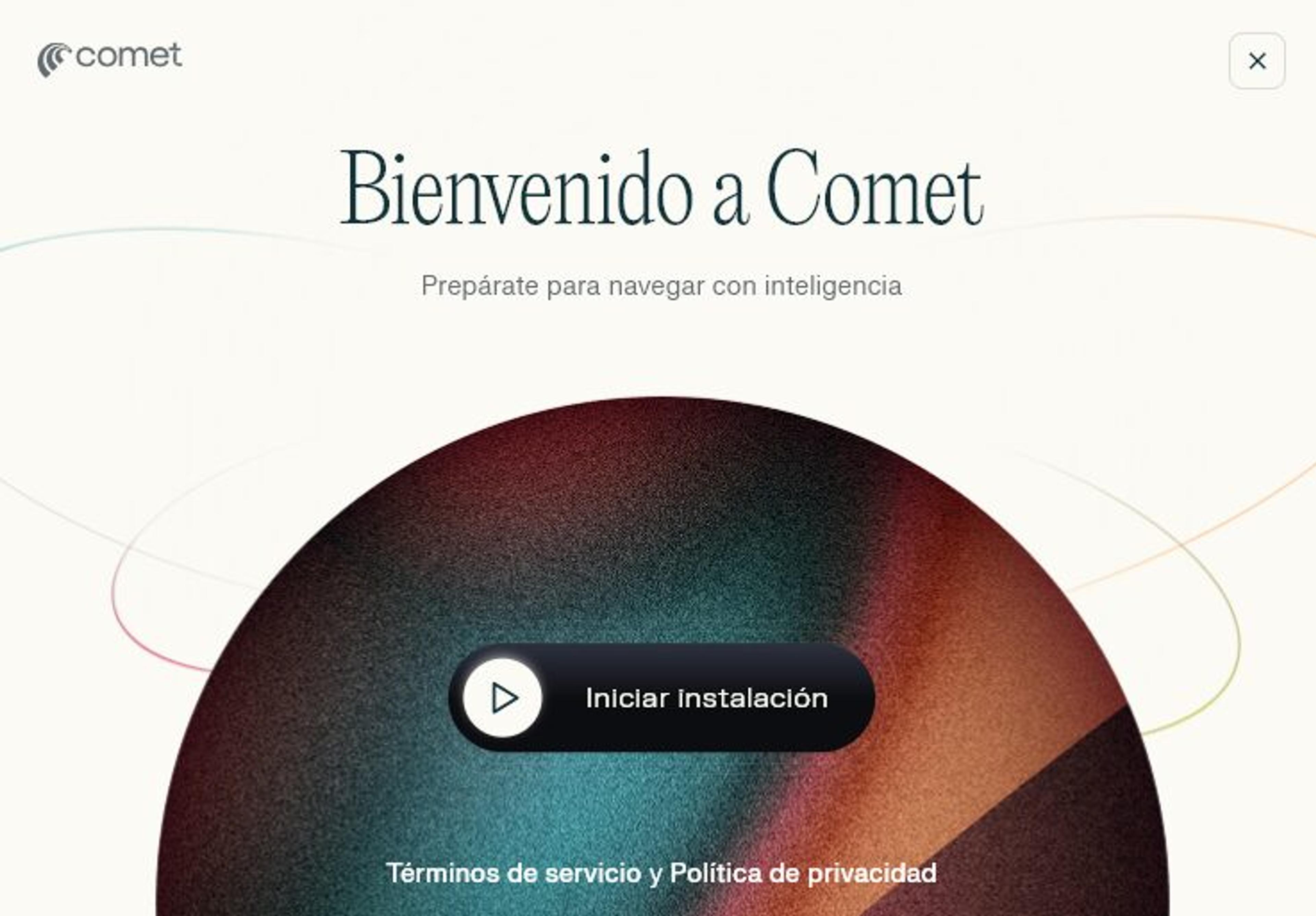 Pantalla para iniciar instalación de Comet