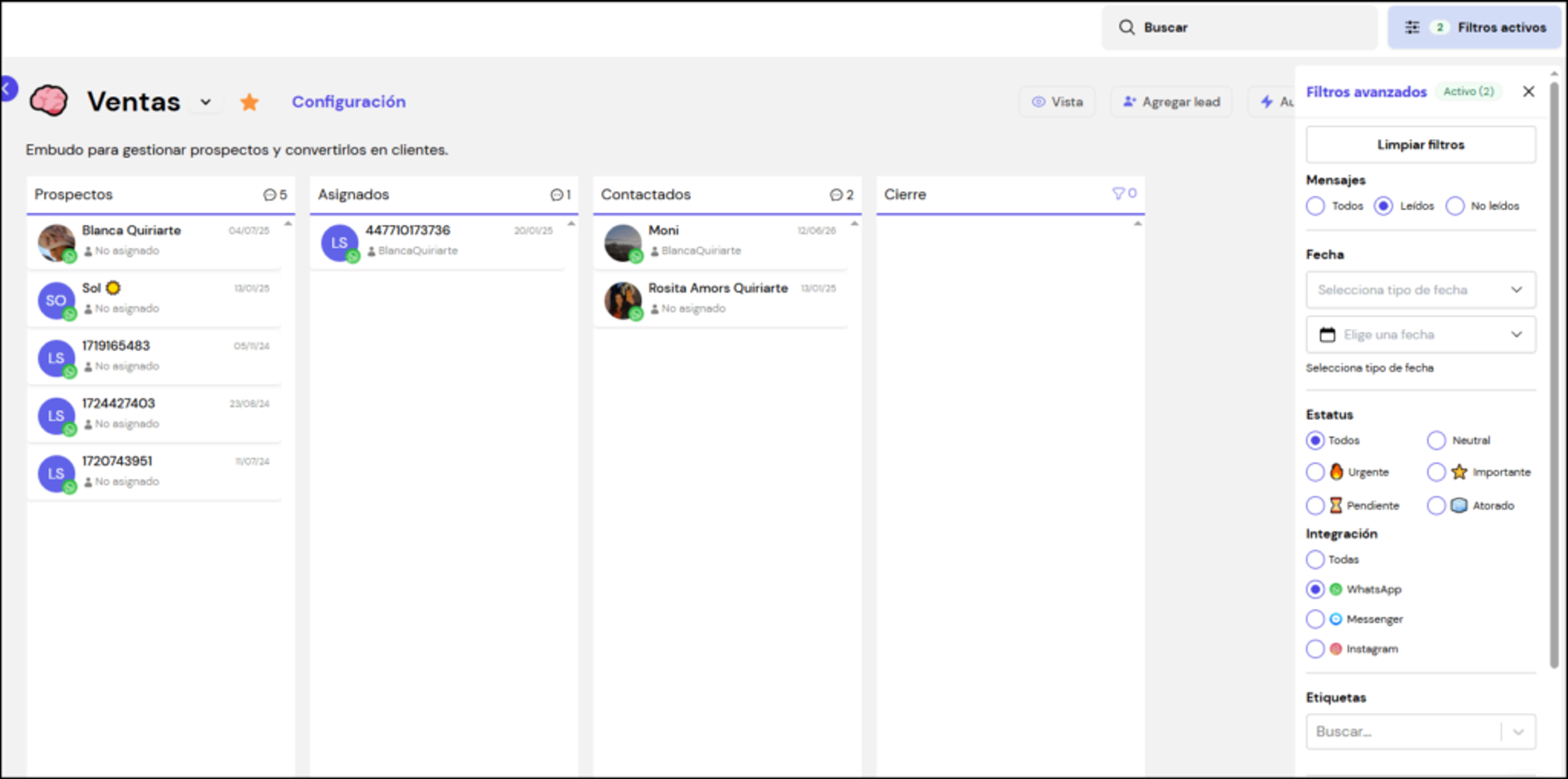 Configuración de función de filtros en embudos de Leadsales