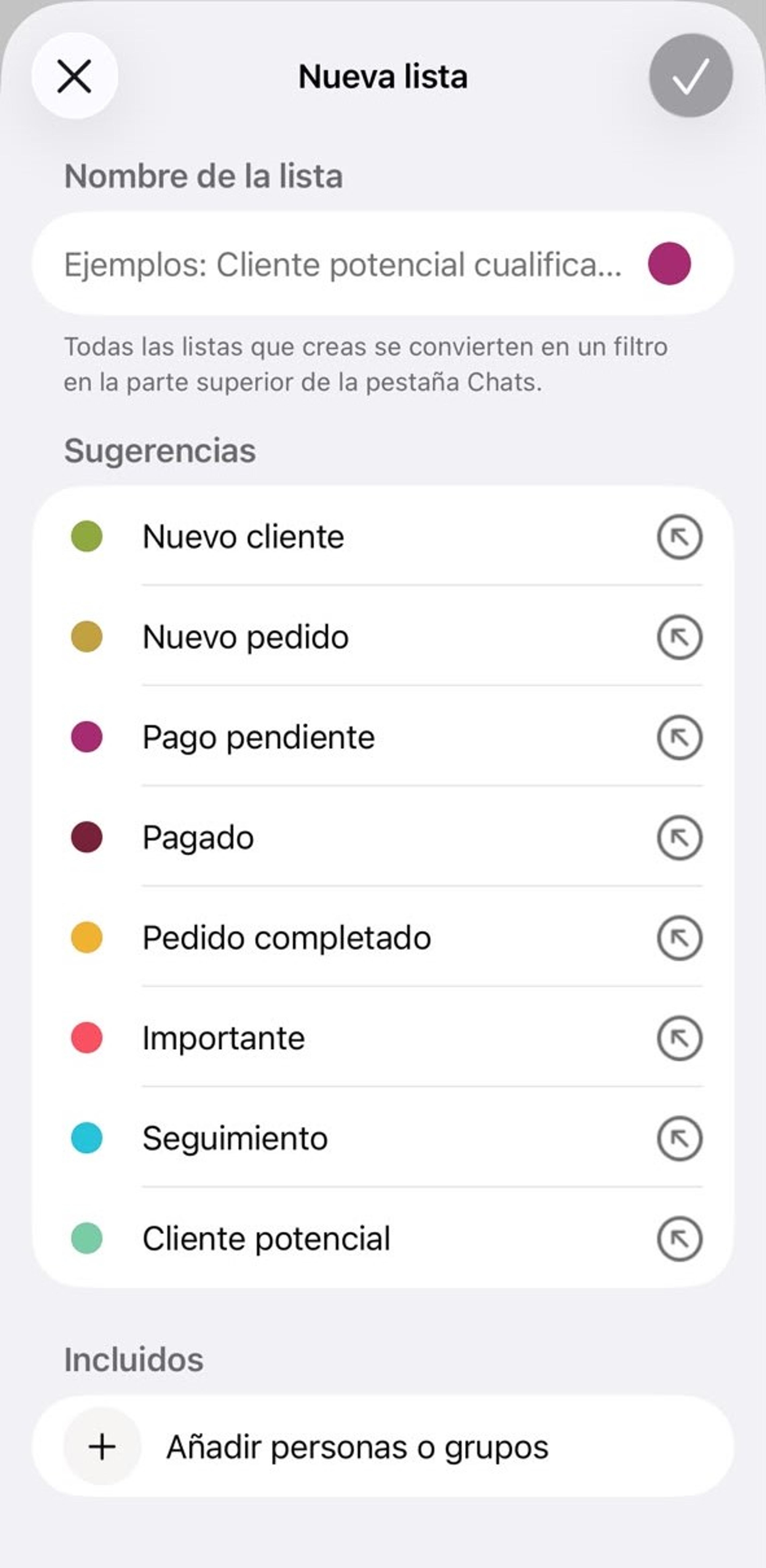 Pantalla en WhatsApp Business para crear una lista o etiqueta