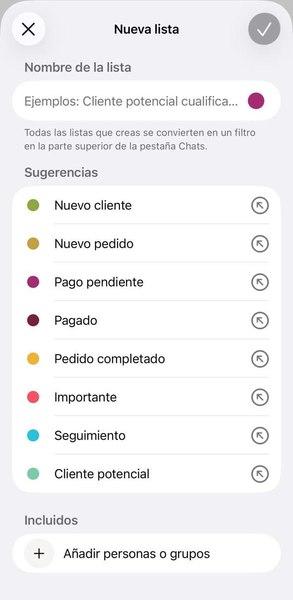 Pantalla en WhatsApp Business para crear una lista o etiqueta