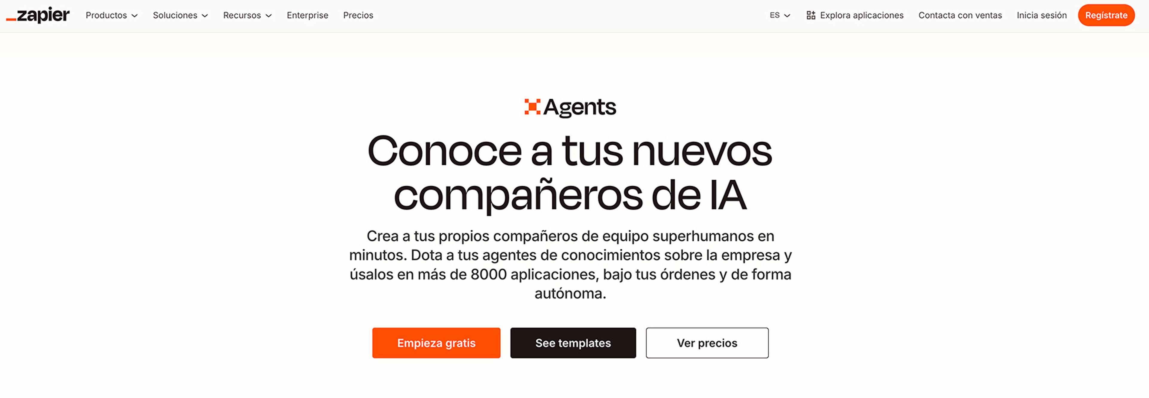 Captura de pantalla de la sección de inicio en la página web de Zapier